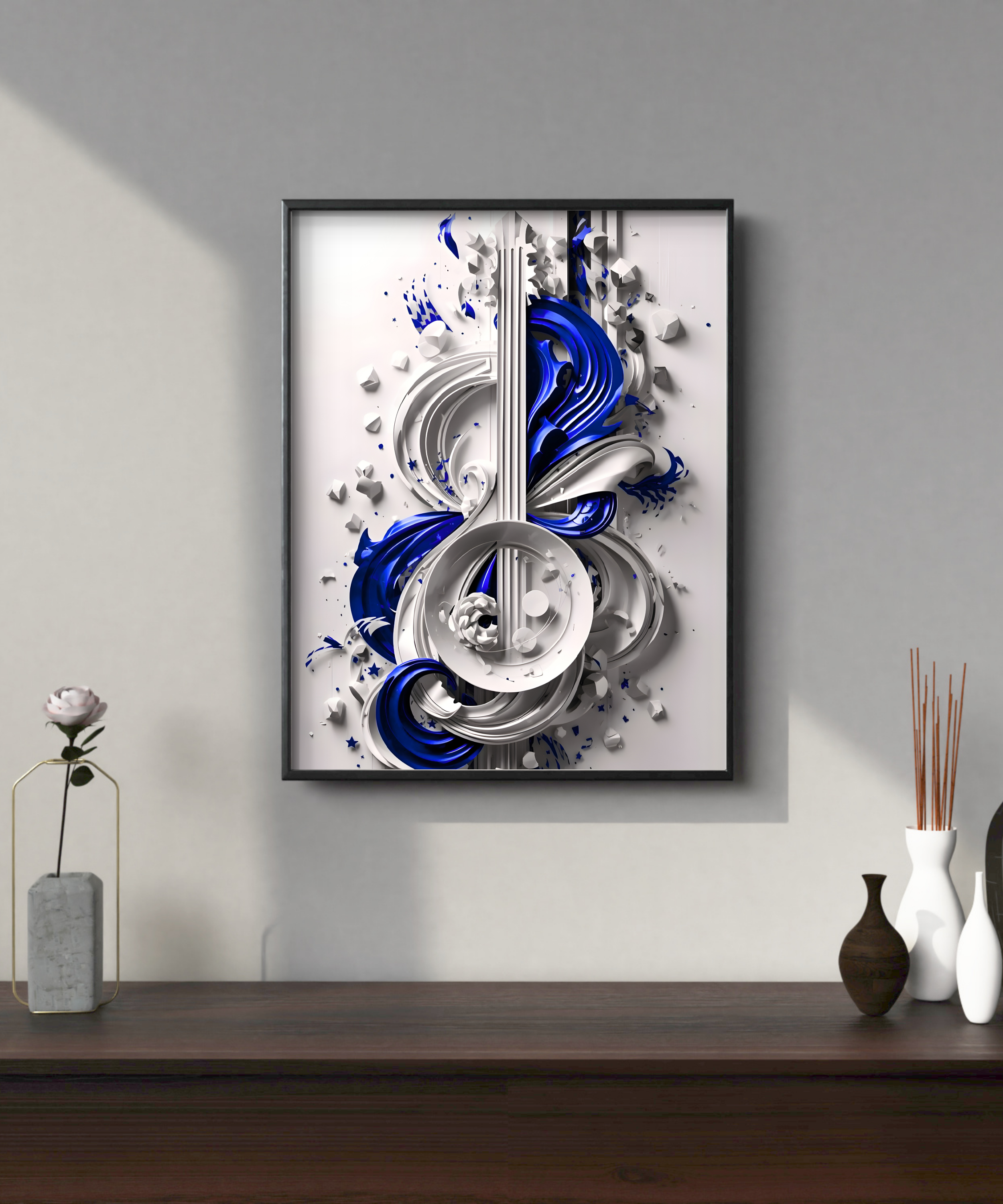 modern blue music themed wall art with white guitar