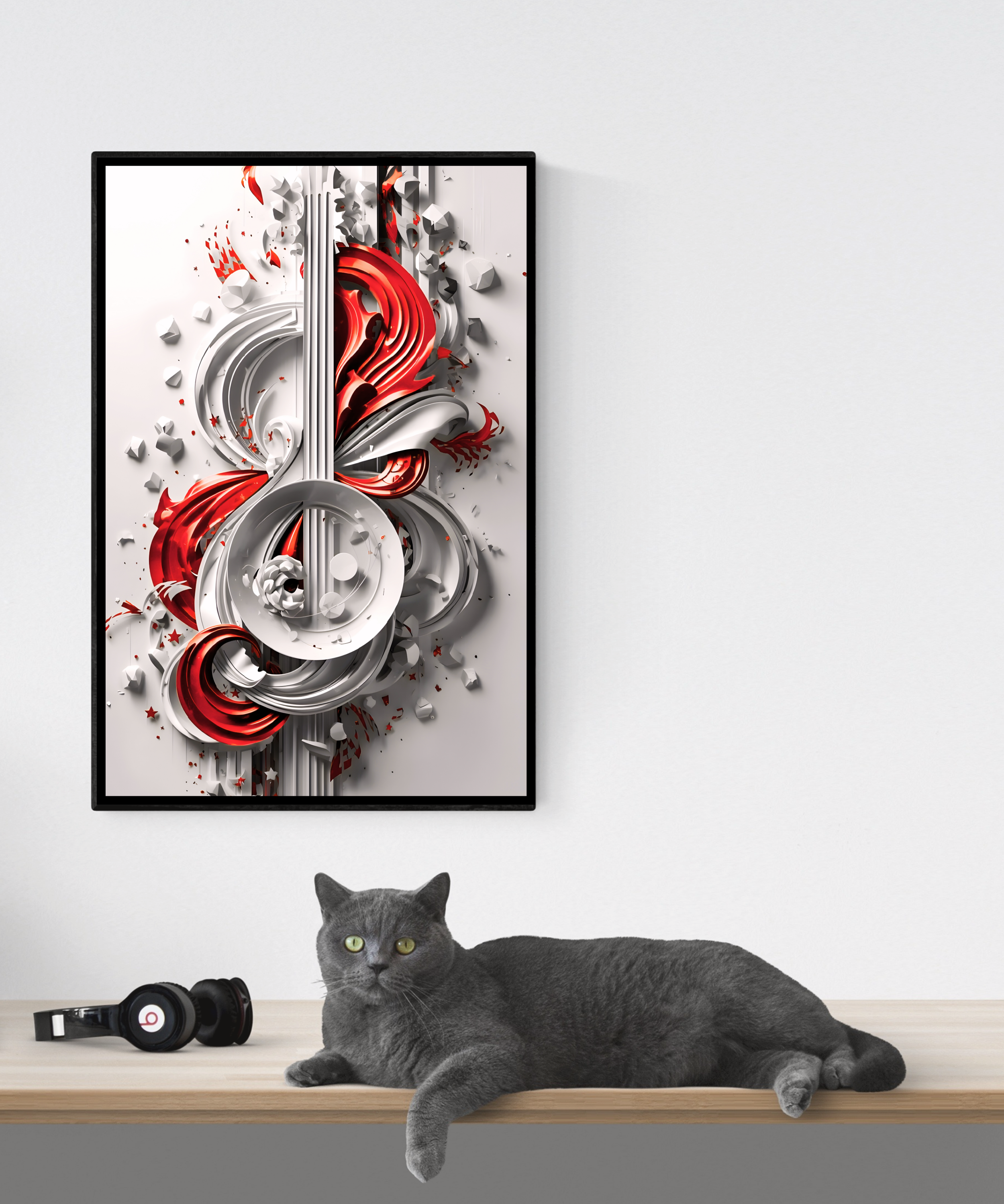 3 piece red music wall art set with abstract sculpted forms