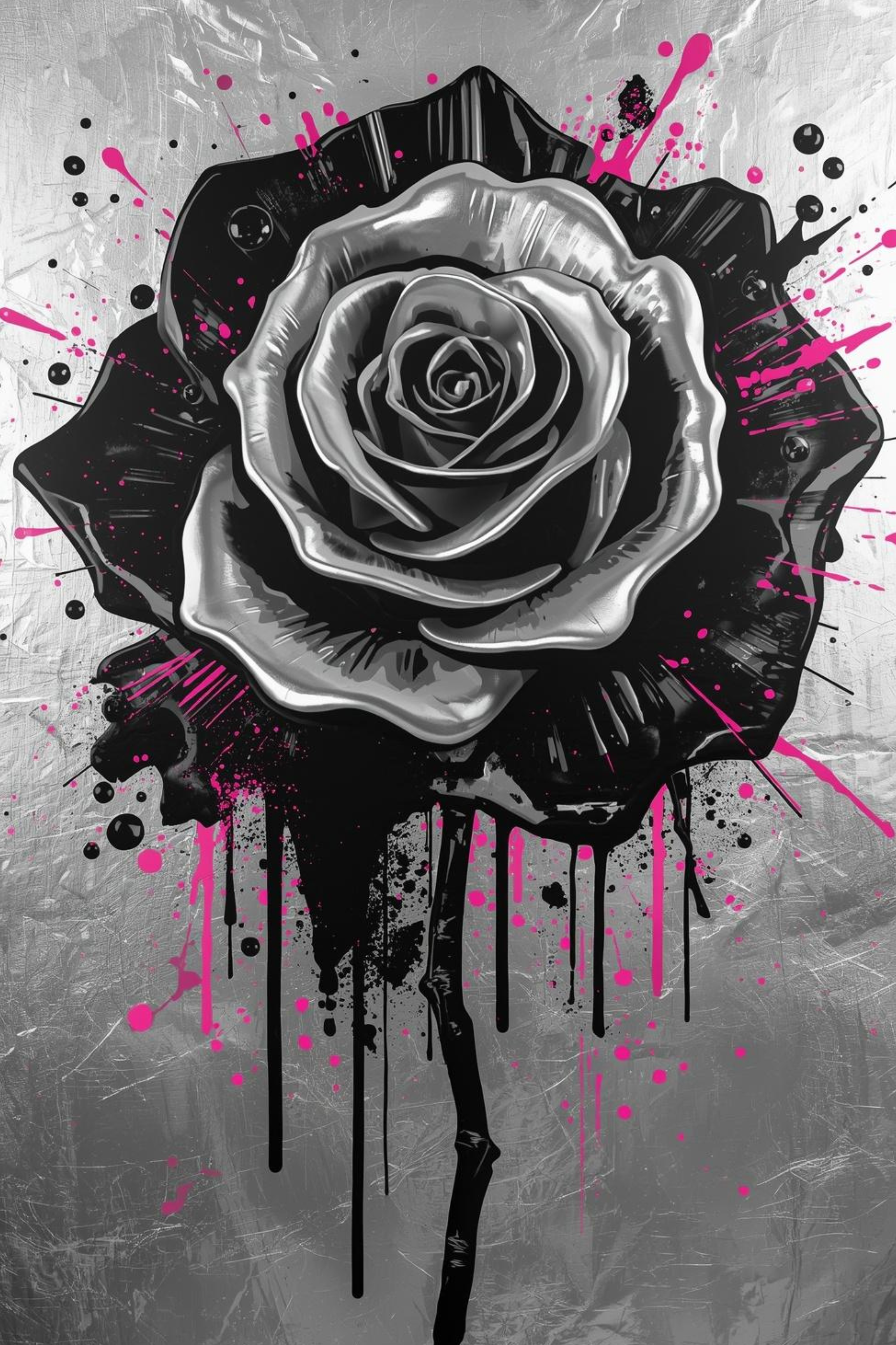 Pink Rose Wall Art Set – 4‑Piece 24x36 Framed Grayscale Floral Prints with Metallic Accents | CloudNhyne Designz
