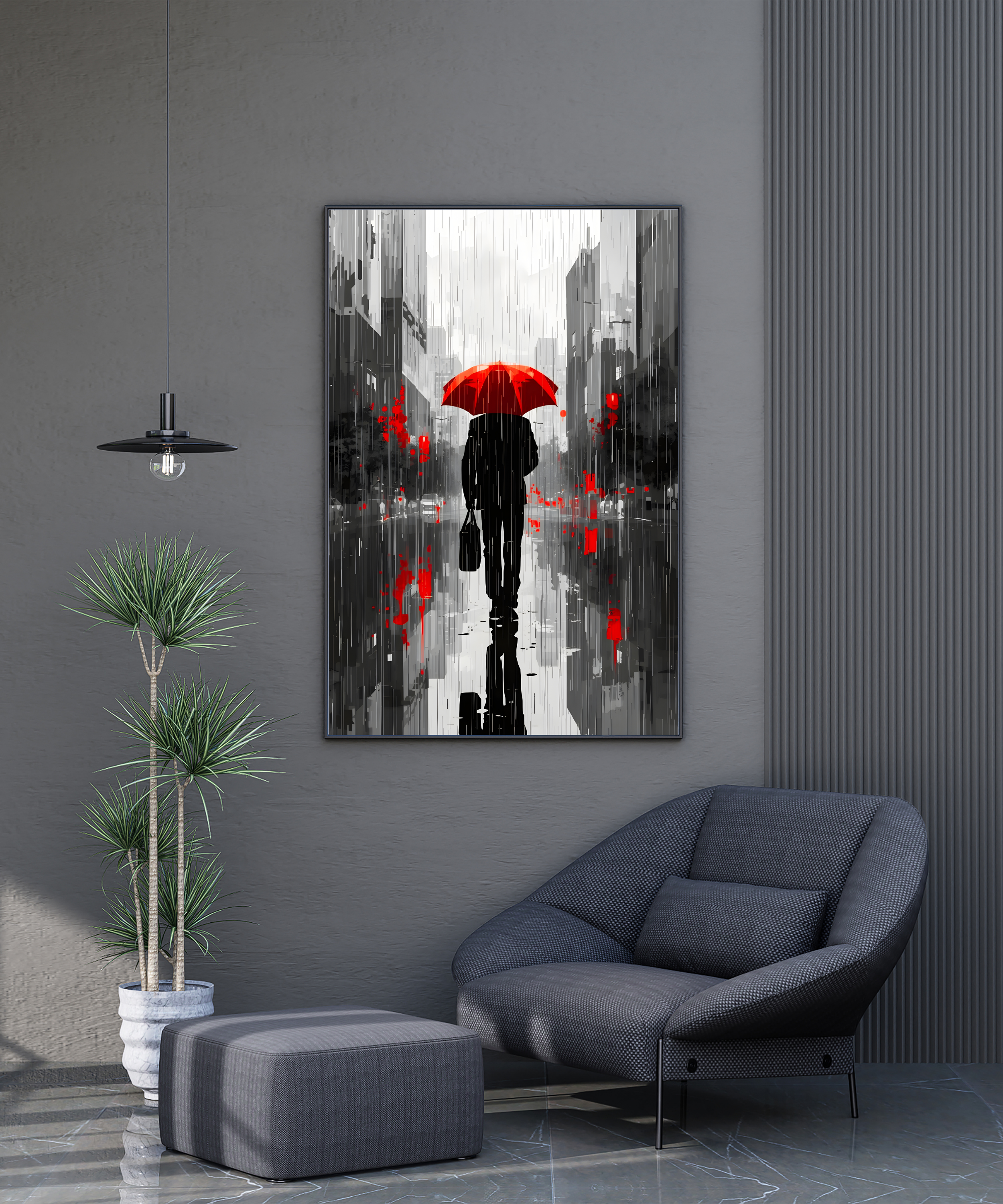 black and white cityscape wall art with red umbrella accent