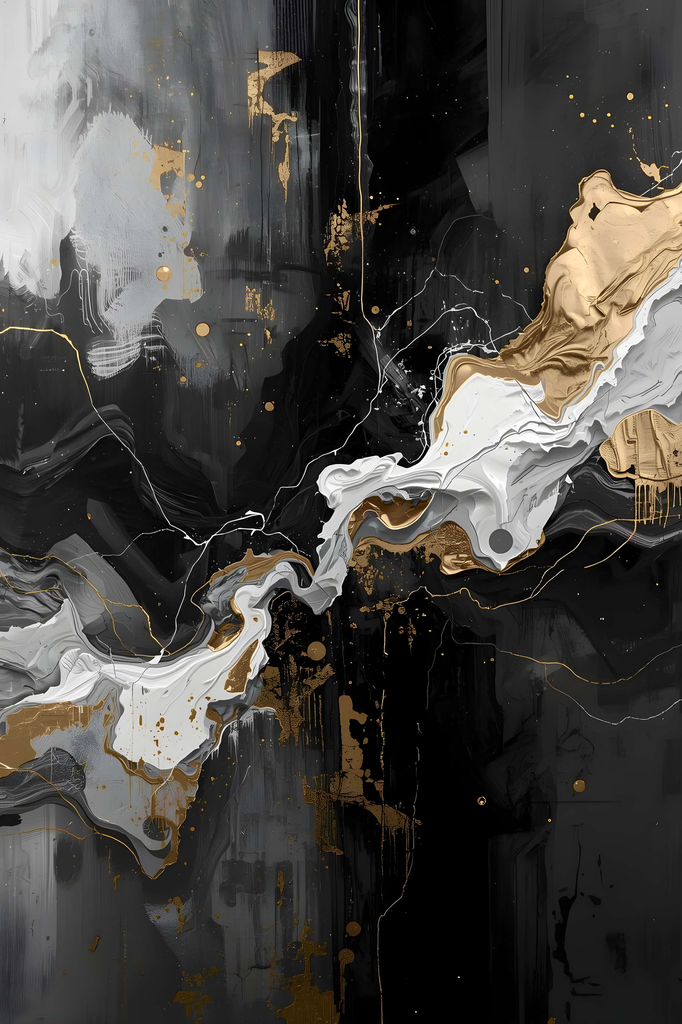 modern black white gold abstract wall art with flowing patterns