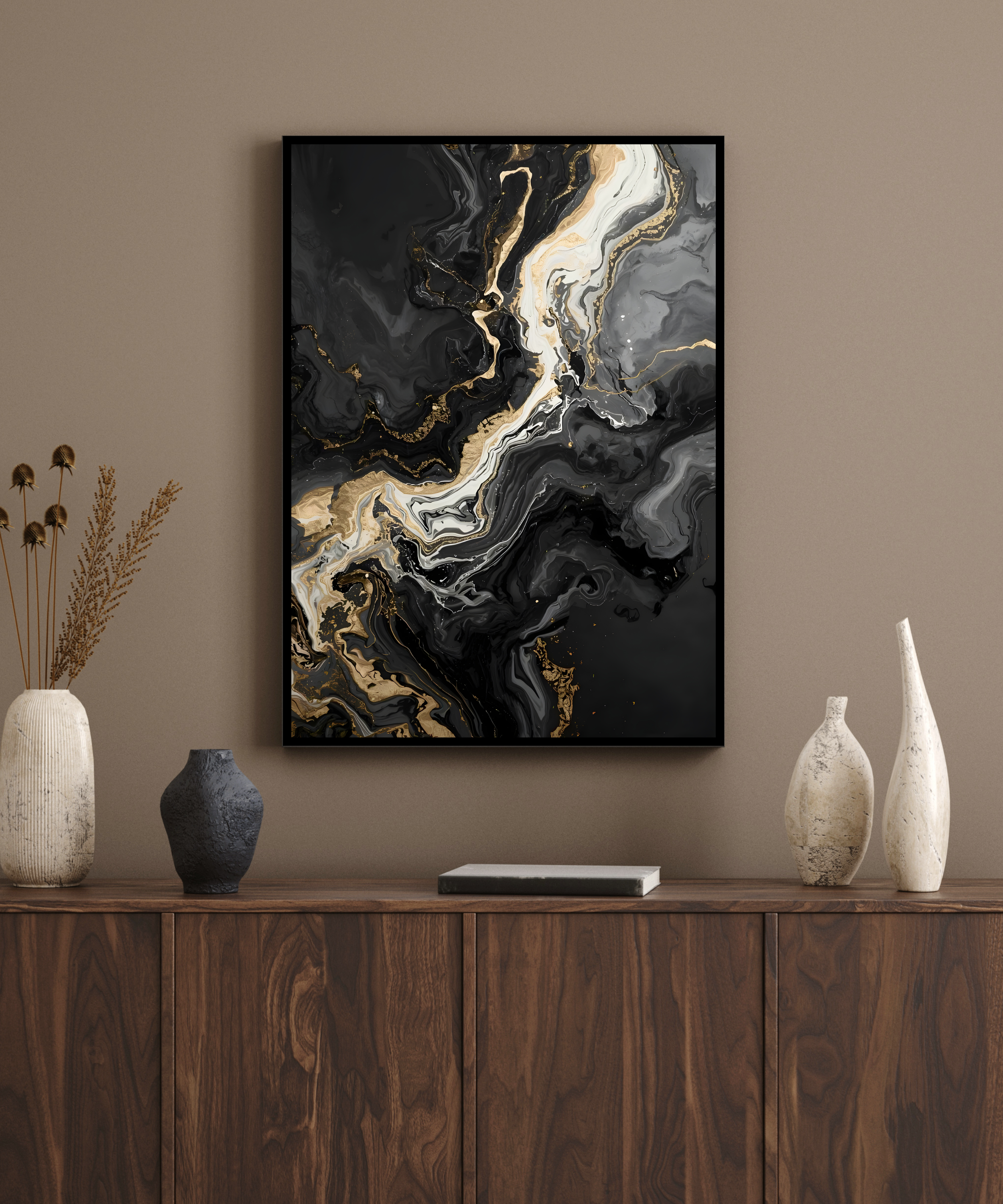 black white and gold fluid abstract wall art set