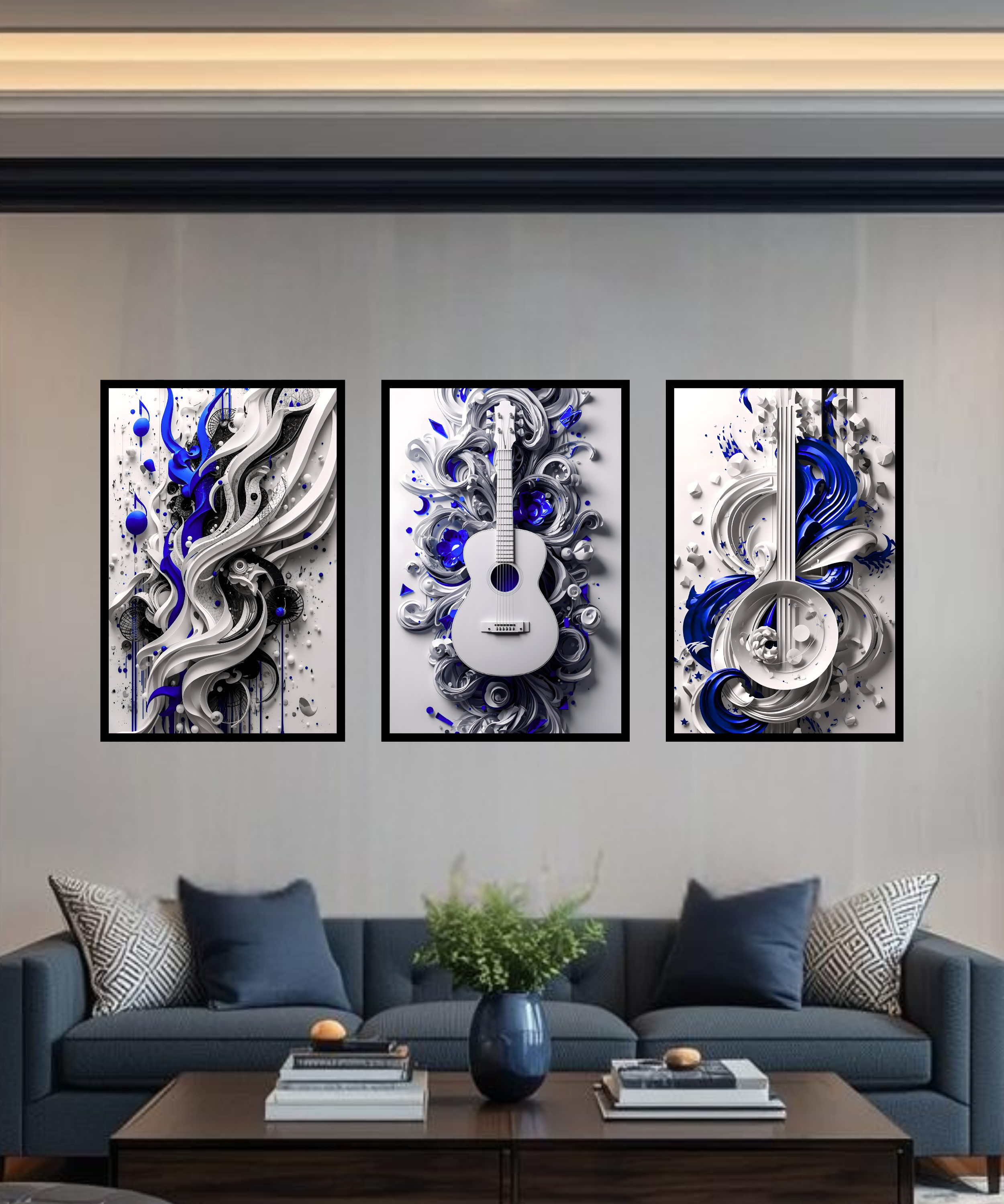 Blue 3D Sculpted Music Wall Art Set – 3 Piece Framed Collection | Modern Musical Decor