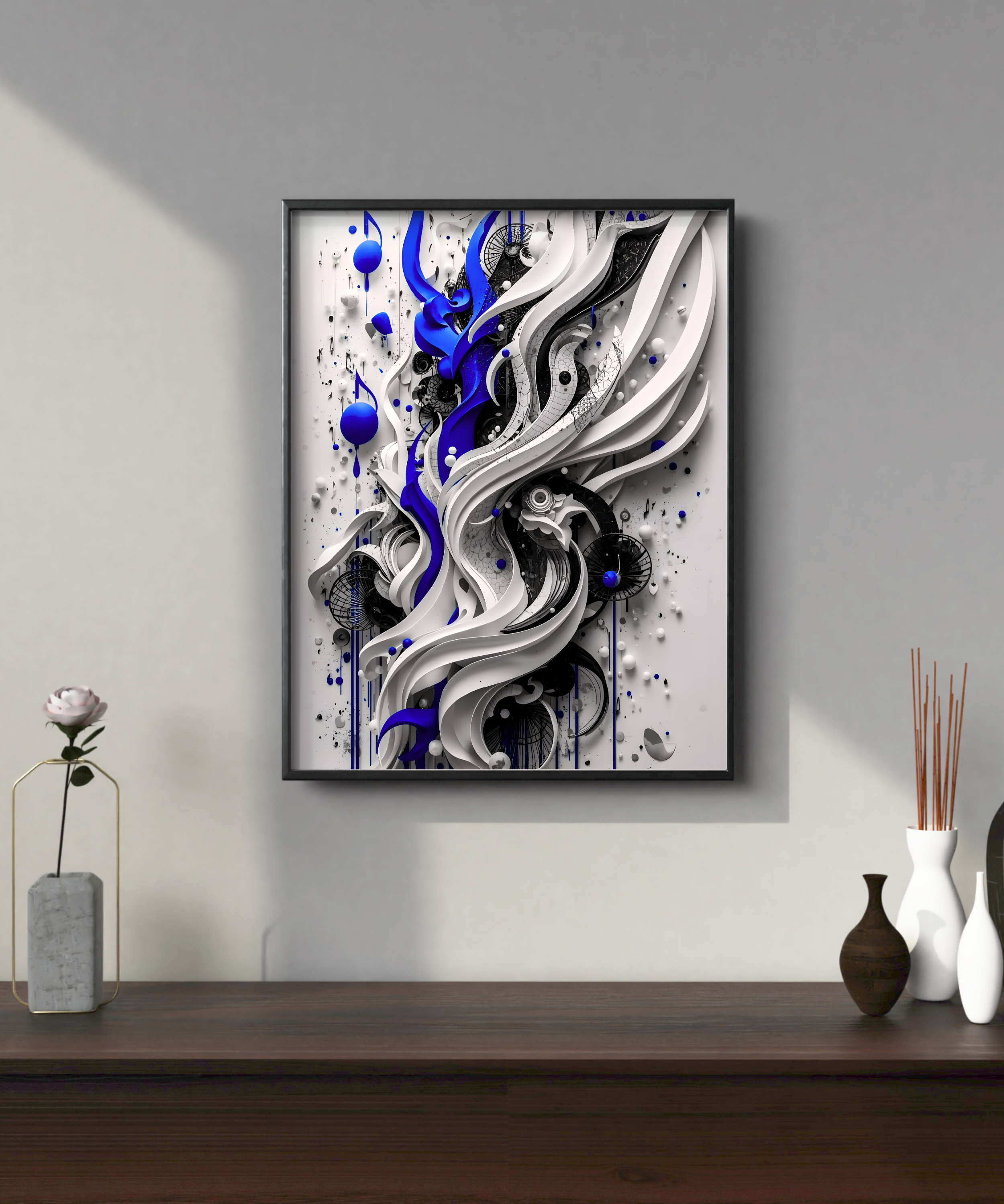 blue 3D sculpted music wall art with treble clef and guitar