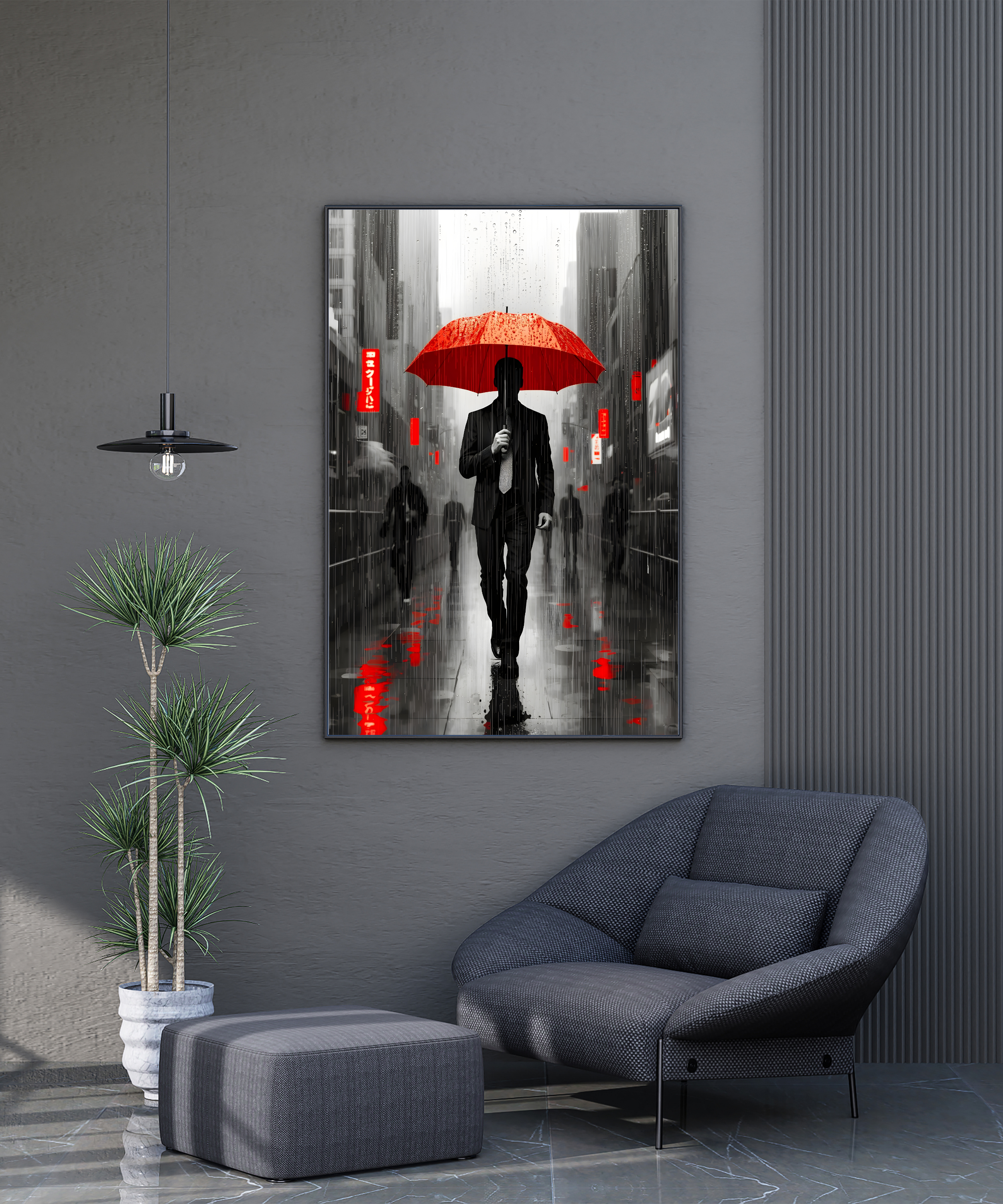 rainy city street wall art in black and white with red umbrella focal point