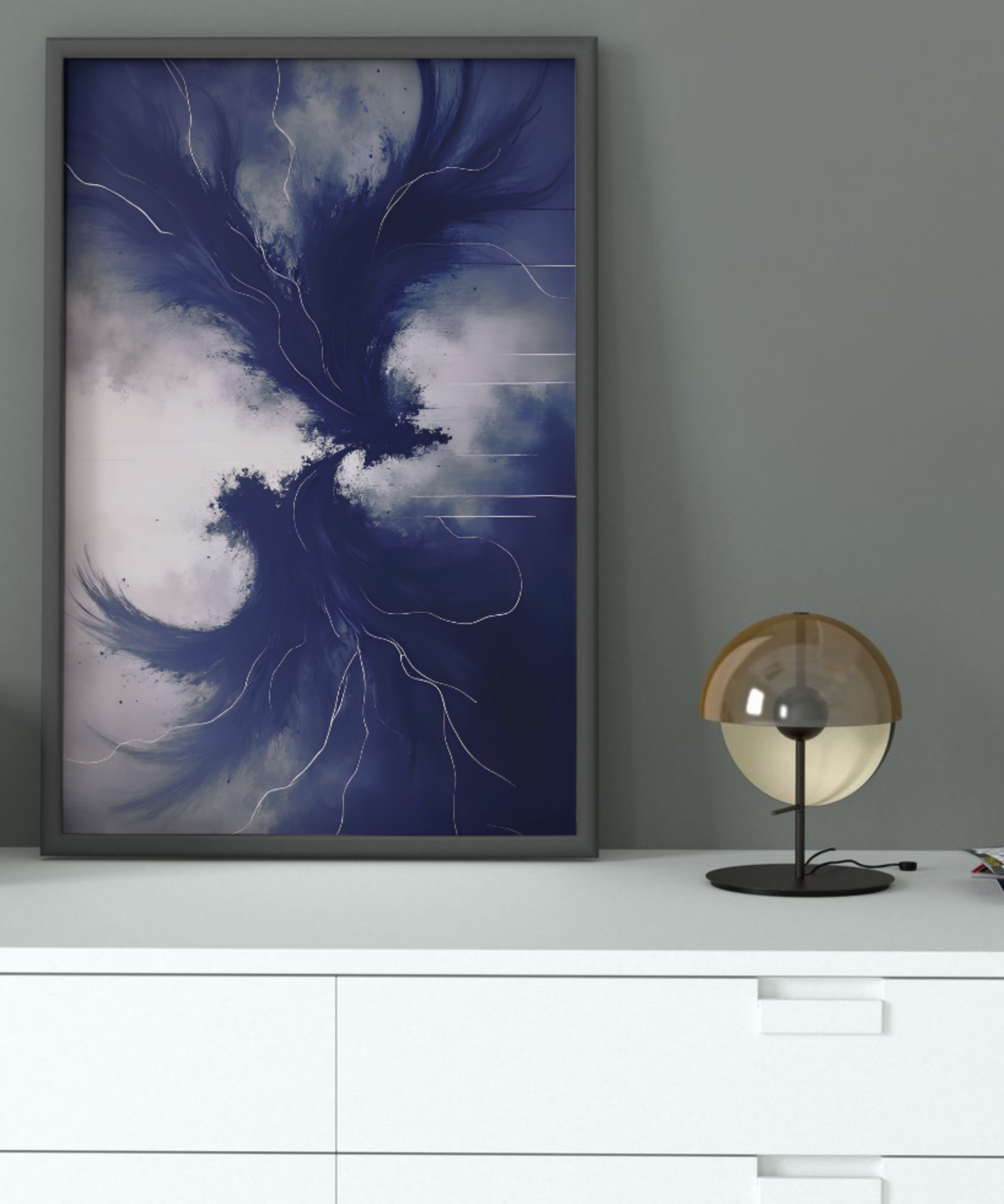 modern fluid abstract wall decor in navy grey and off white