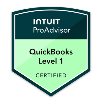 Intuit ProAdvisor badge for QuickBooks Level 1 Certified.