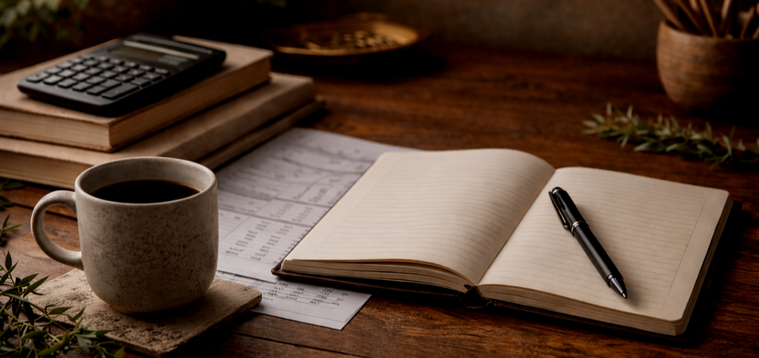 Work desk with notebook, pen, coffee mug, calculator, books, and potted plant on a wooden surface.