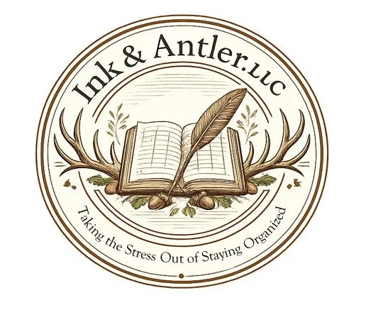 Logo for Ink & Antler LLC featuring an open book, a quill, antlers, and the tagline 'Taking the Stress Out of Staying Organized'.