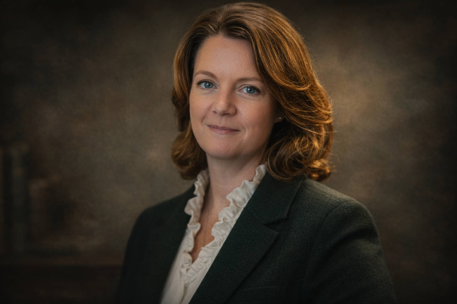 Professional portrait of a woman with shoulder-length red hair, blue eyes, wearing a dark blazer and a white ruffled blouse, against a plain dark background.