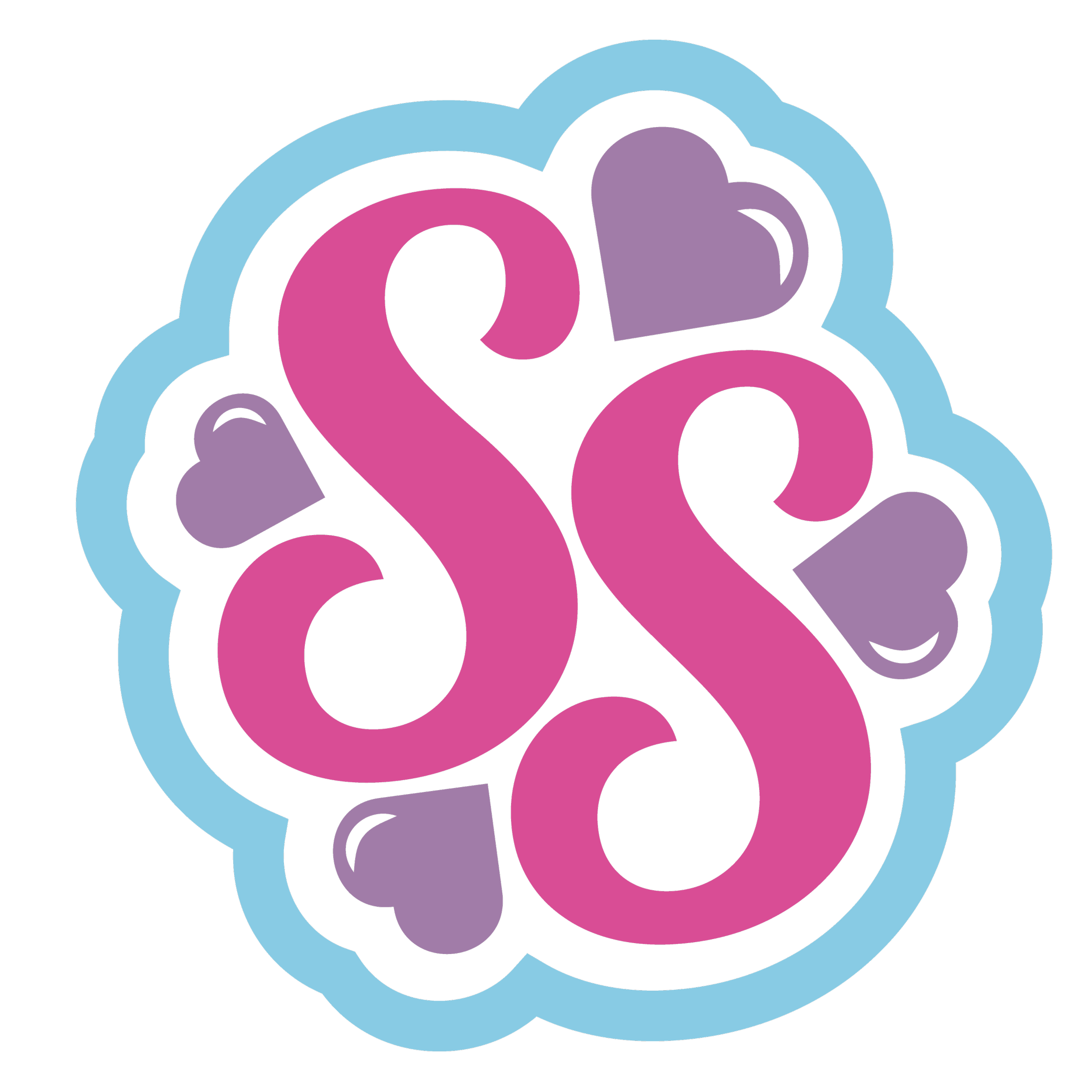 Colorful cartoon of two intertwined pink dollar signs surrounded by purple hearts on a black background.
