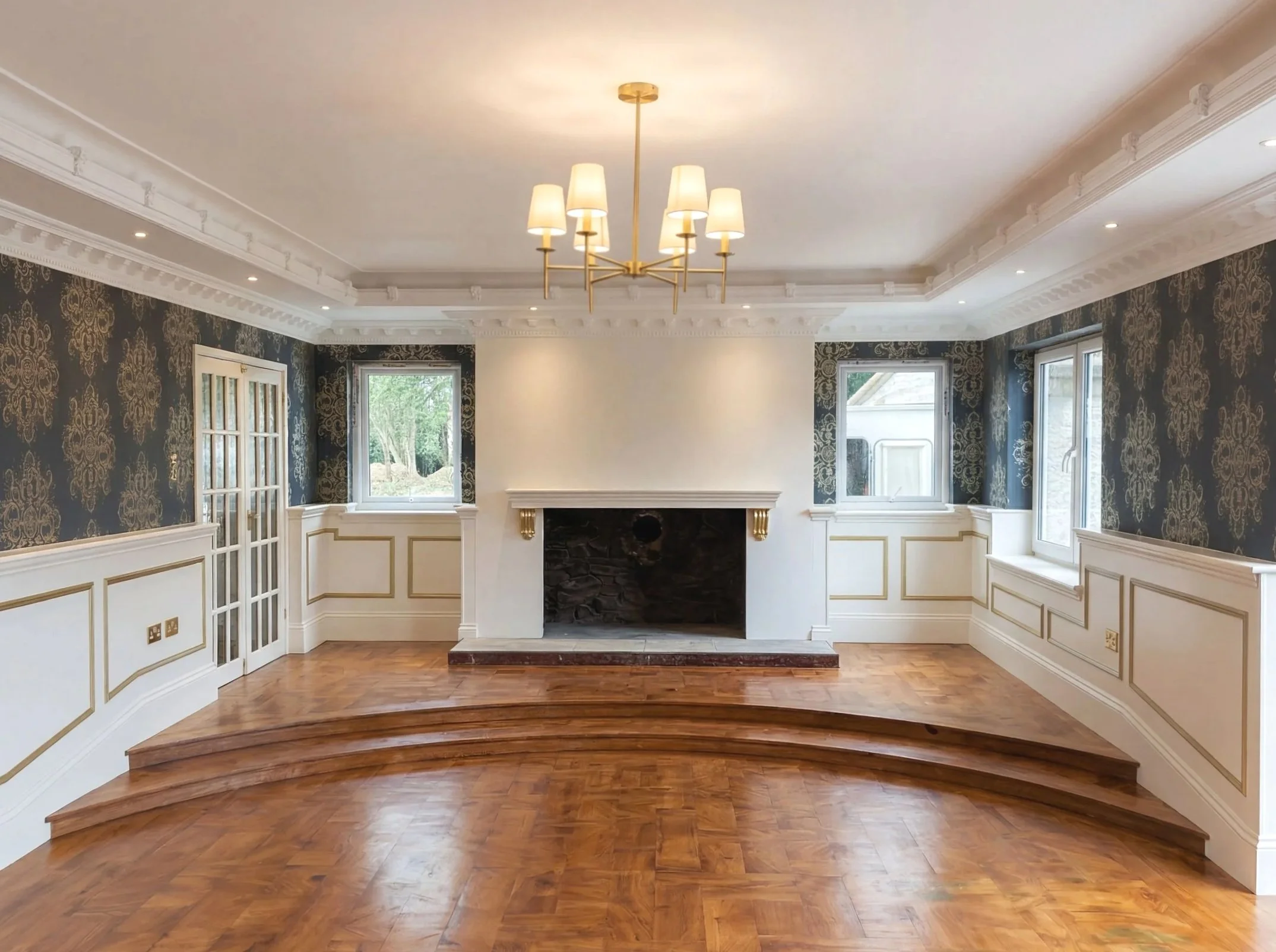 Restored living room fireplace with refined interior decorating finish including durable painting and wallpaper application.