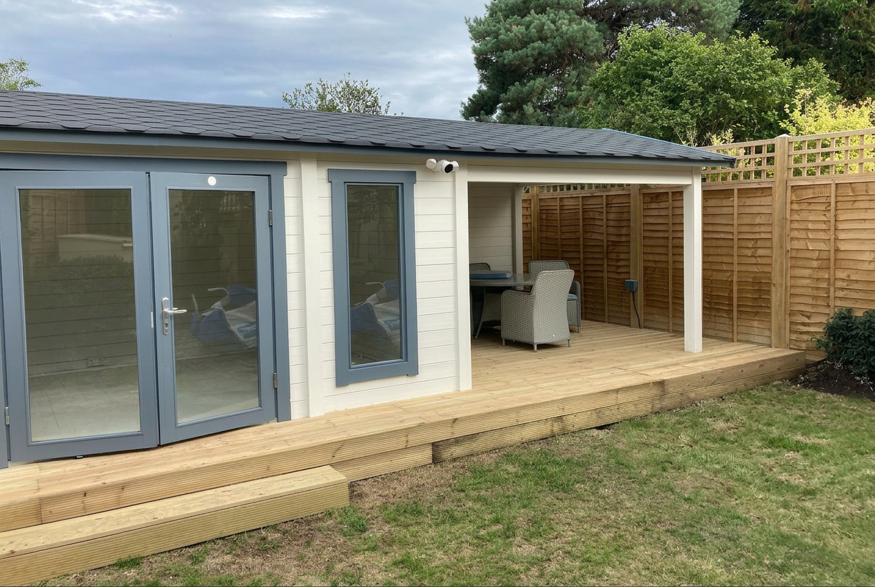 Completed outhouse exterior with refreshed paintwork and decorative finish.