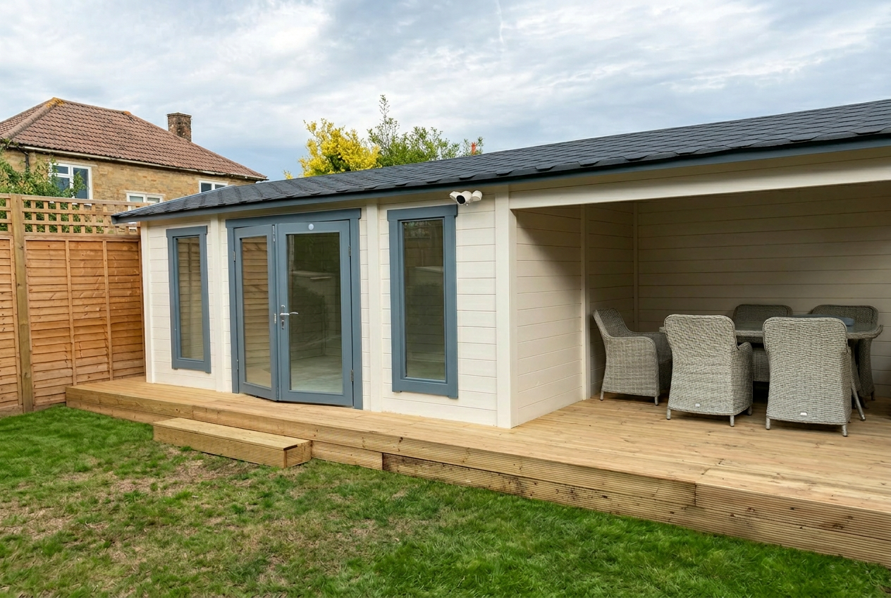 Finished garden outhouse exterior with clean decking and decorated timber details.