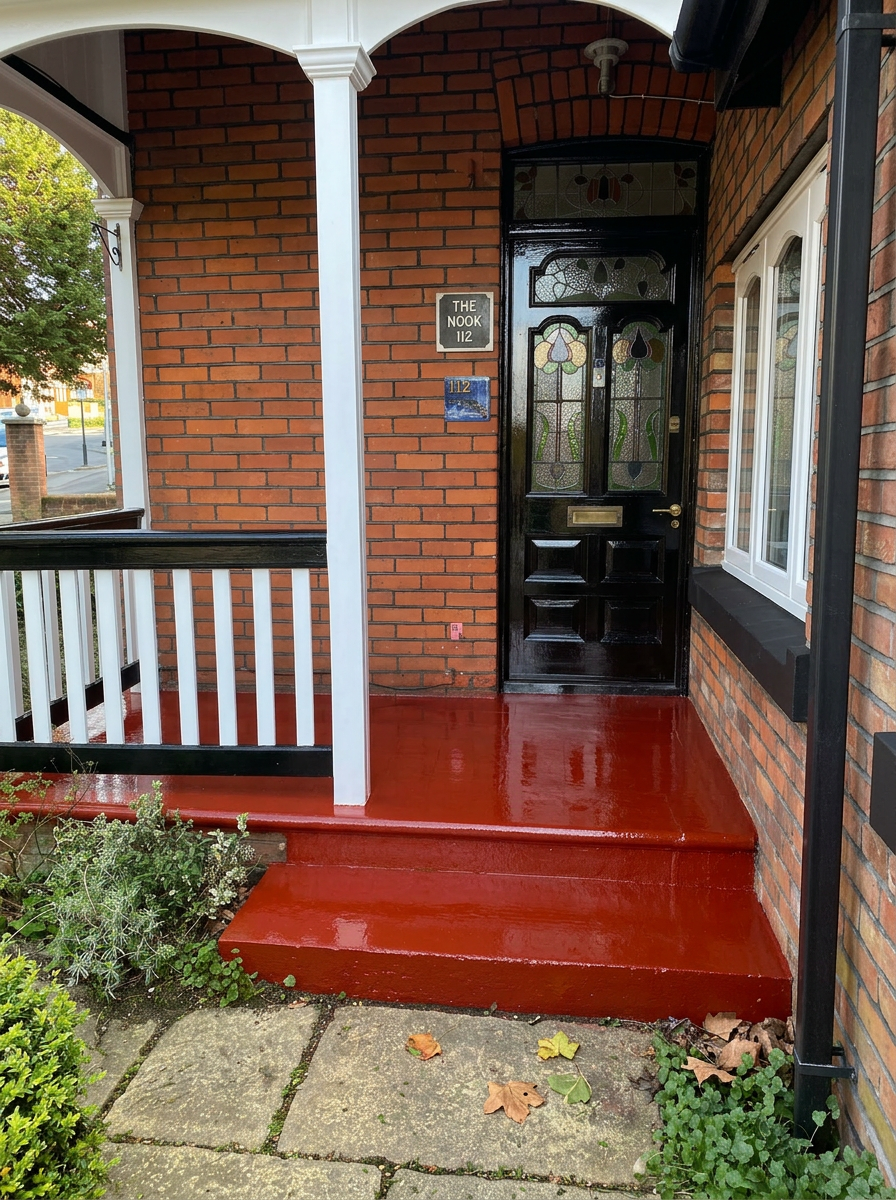 Restored front porch with durable, brightly painted exterior finish.