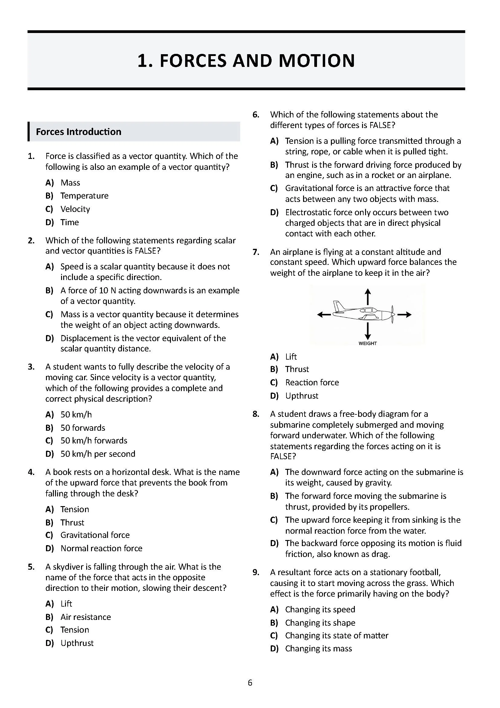 Page from a science worksheet titled 'Forces and Motion', containing multiple-choice questions about forces, vectors, and related physics concepts.