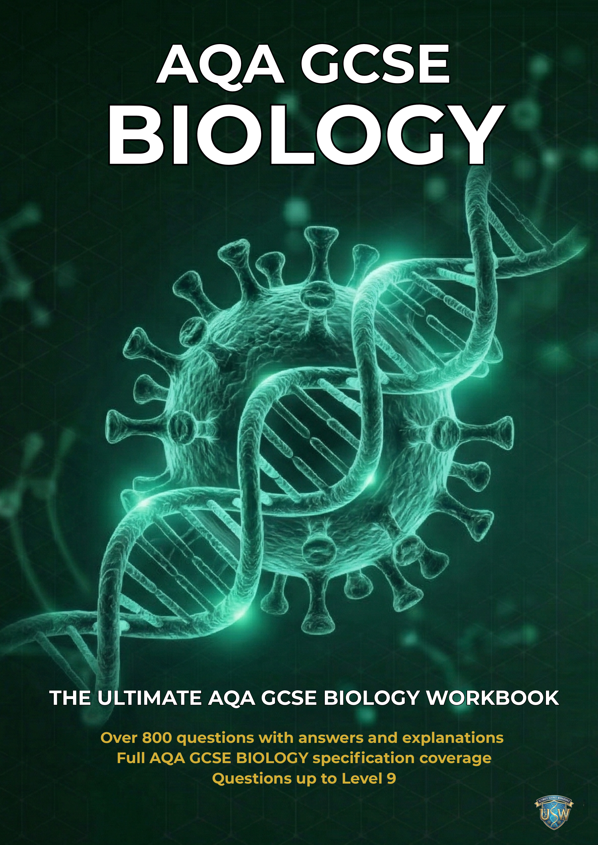 Cover of an AQA GCSE Biology workbook with a digital illustration of a virus and DNA strand.