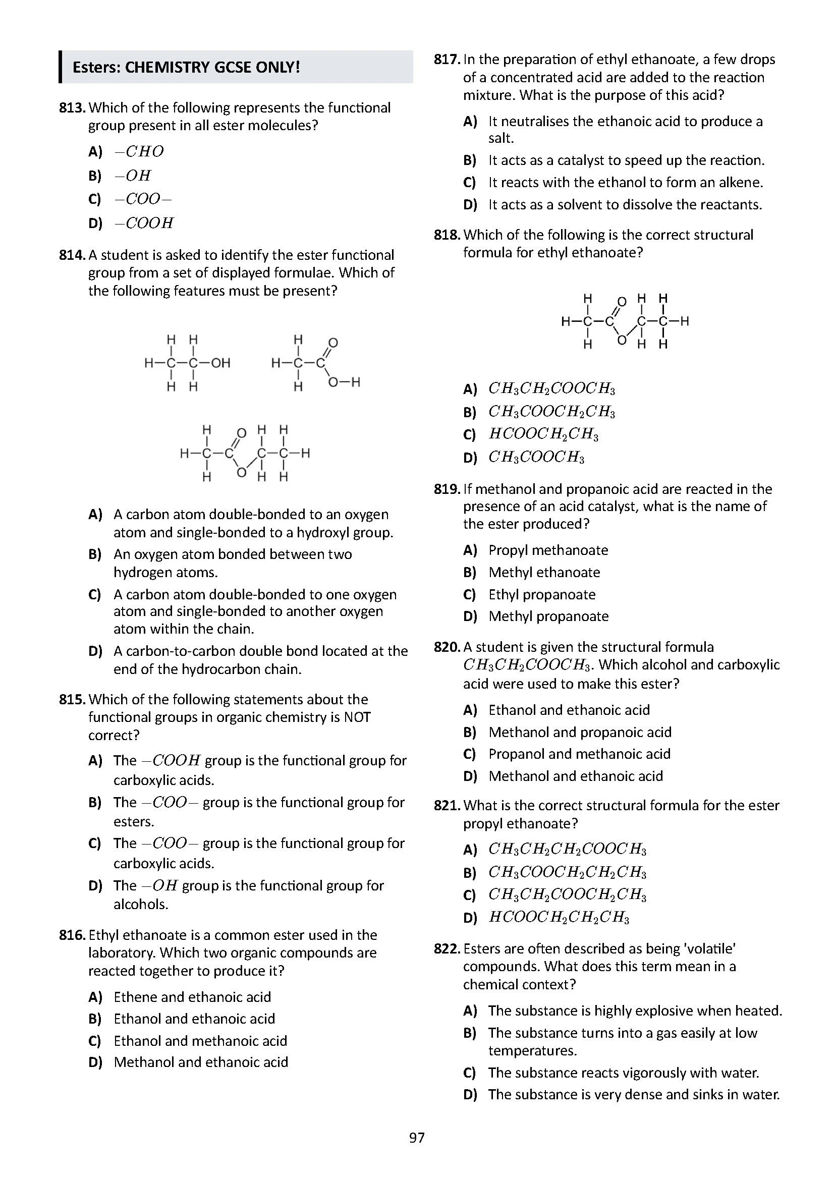 A page from a chemistry test or workbook with multiple choice questions focusing on esters and organic chemistry, including structural formulas and chemical reactions.