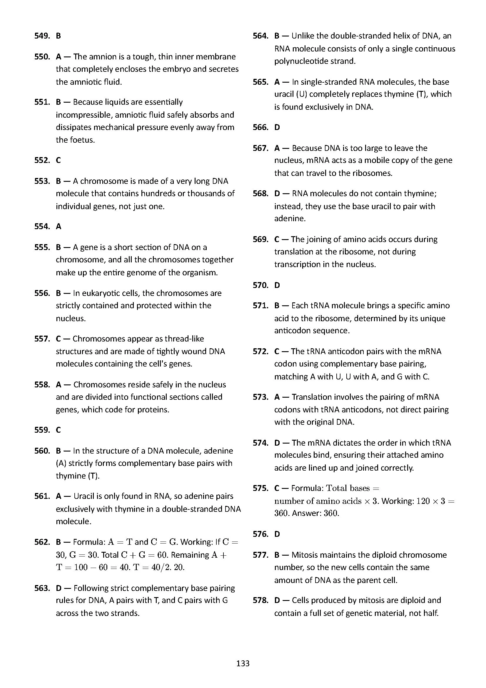 Page from a biology textbook containing numbered multiple-choice questions and answers about DNA, RNA, chromosomes, and genetic processes.