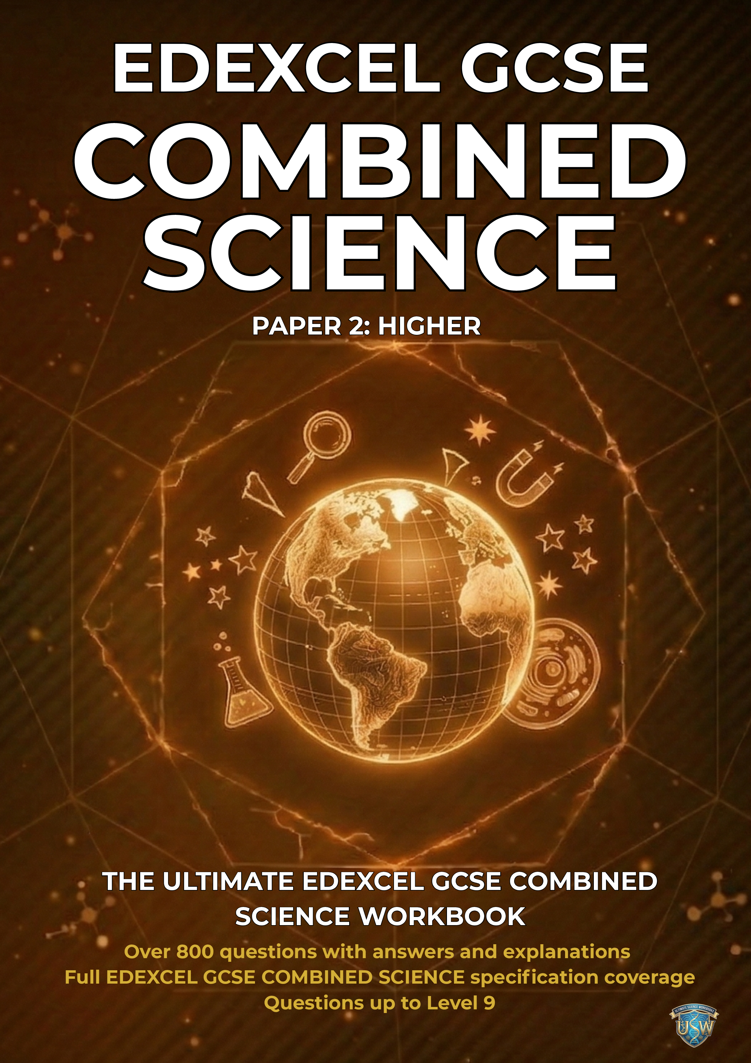 Cover of EDEXCEL GCSE Combined Science workbook with a digital globe surrounded by science icons, and text about the book's content and features.