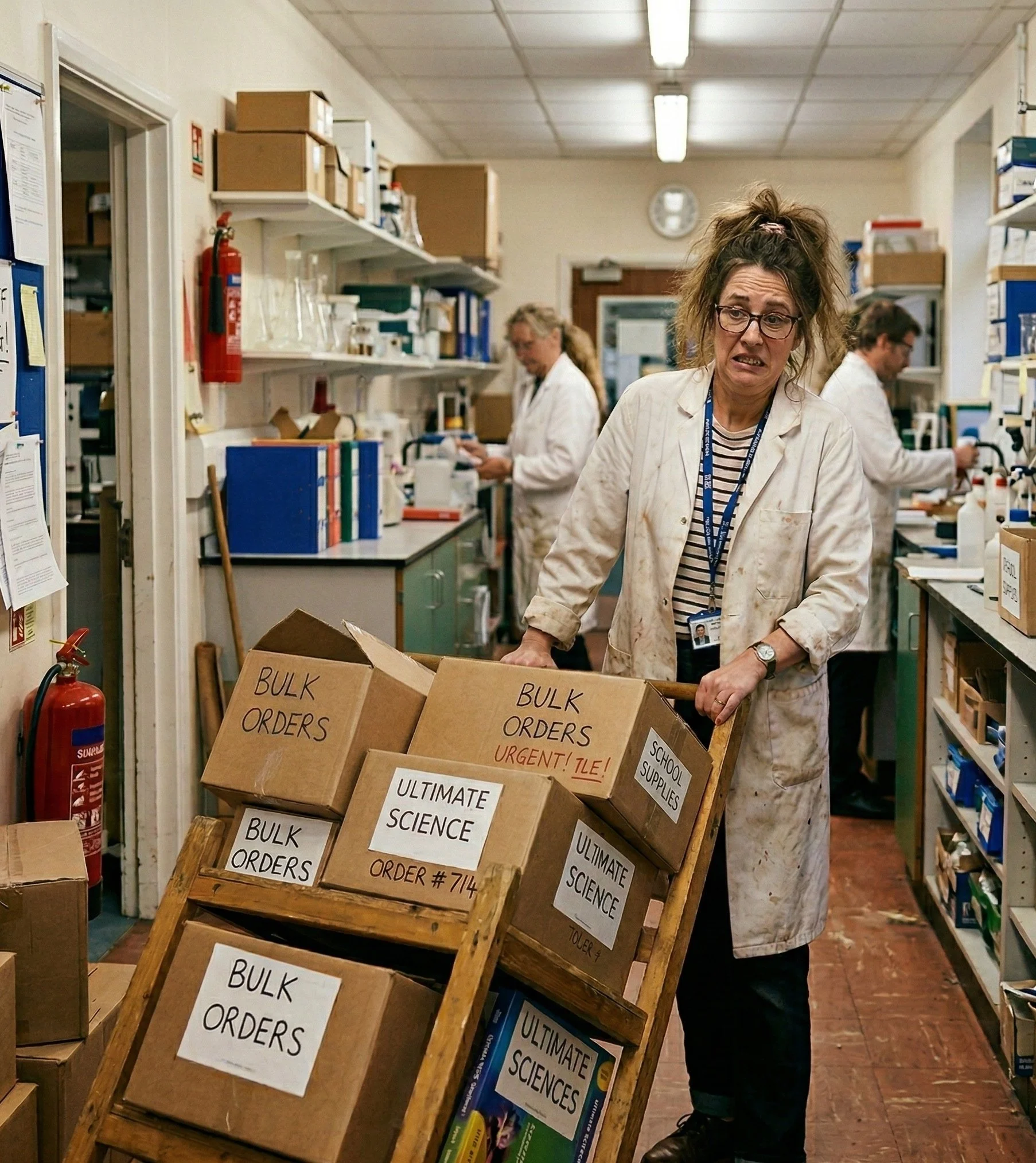 A woman in a messy lab coat pushes a dolly loaded with boxes labeled for science supplies and urgent orders in a cluttered laboratory or storage room.