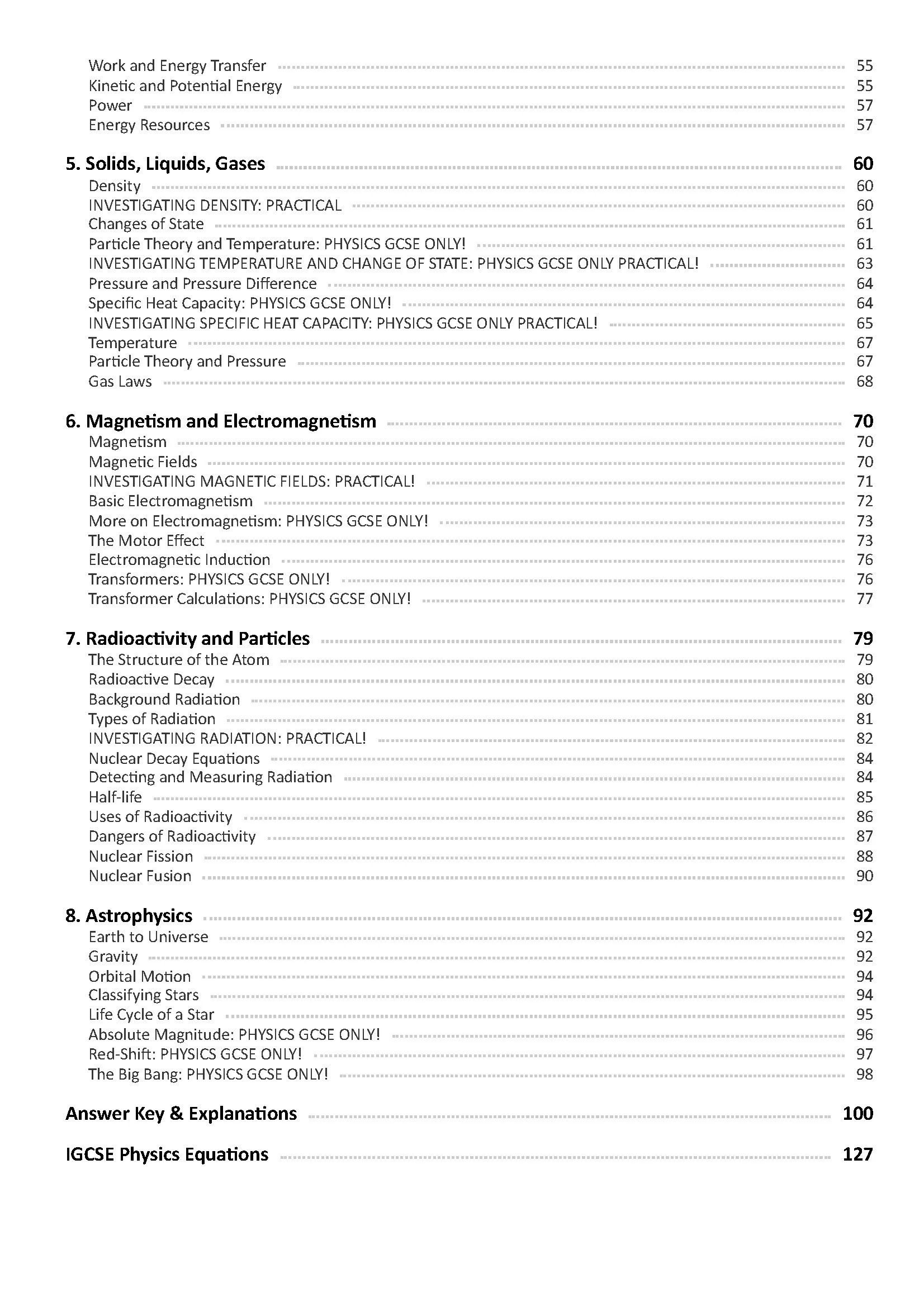 A table of contents from a physics book, listing sections on solids, liquids, gases, magnetism, electromagnetism, radioactivity, particles, and astrophysics, with corresponding page numbers.