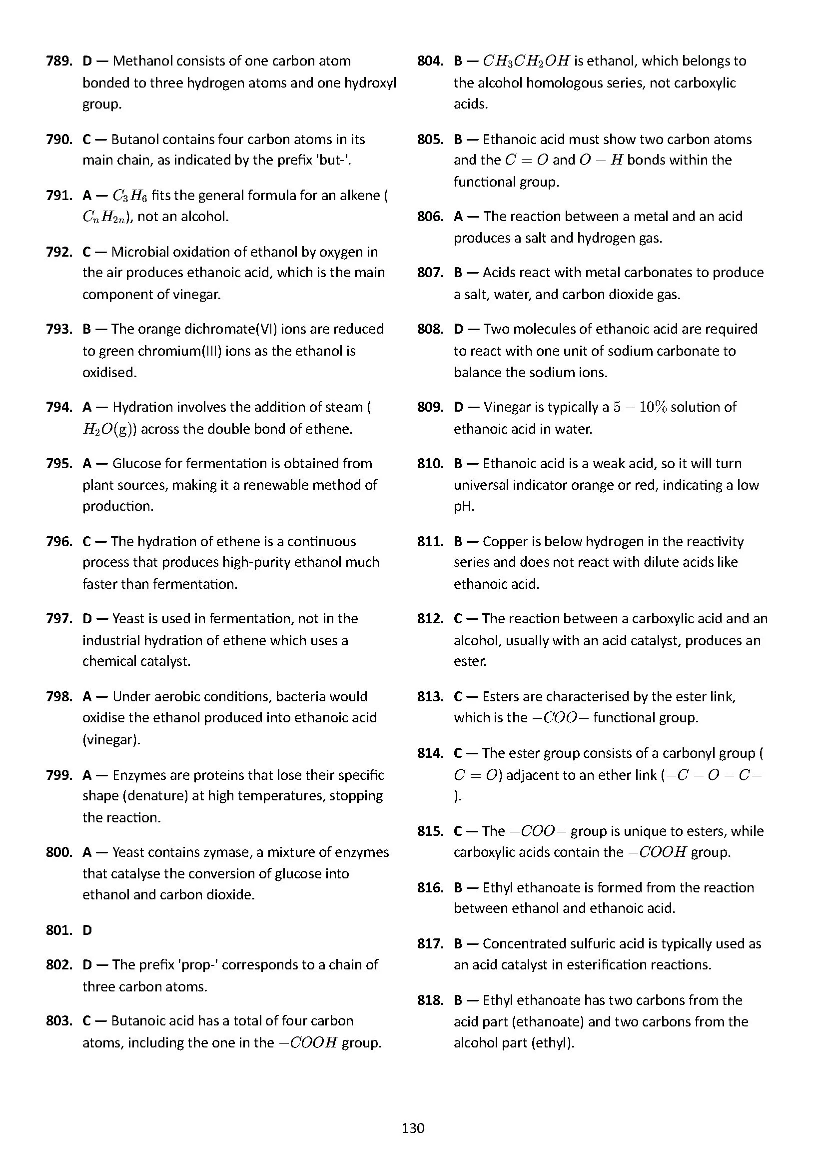 A page from a chemistry textbook with numbered entries describing chemical compounds, reactions, and properties, including ethanol, ethanoic acid, esters, and related chemical concepts.