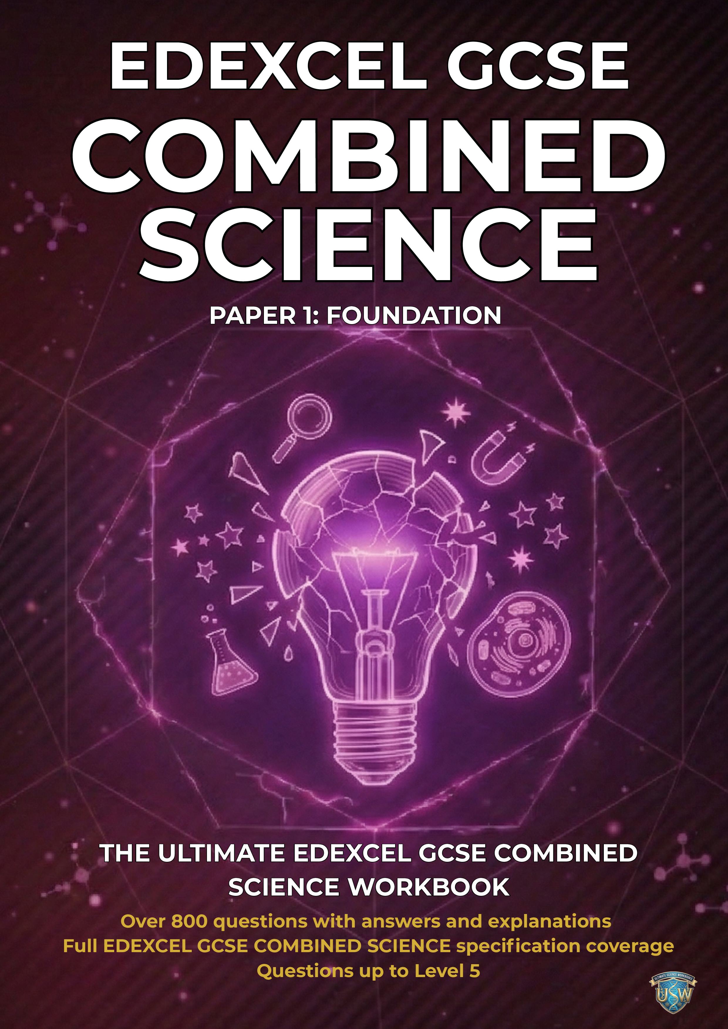 Cover of a science workbook titled 'Edexcel GCSE Combined Science'. The cover features a glowing purple digital illustration of a lightbulb surrounded by scientific icons like a magnifying glass, a beaker, a star, and a DNA strand, set against a dark background with interconnected lines and particles.