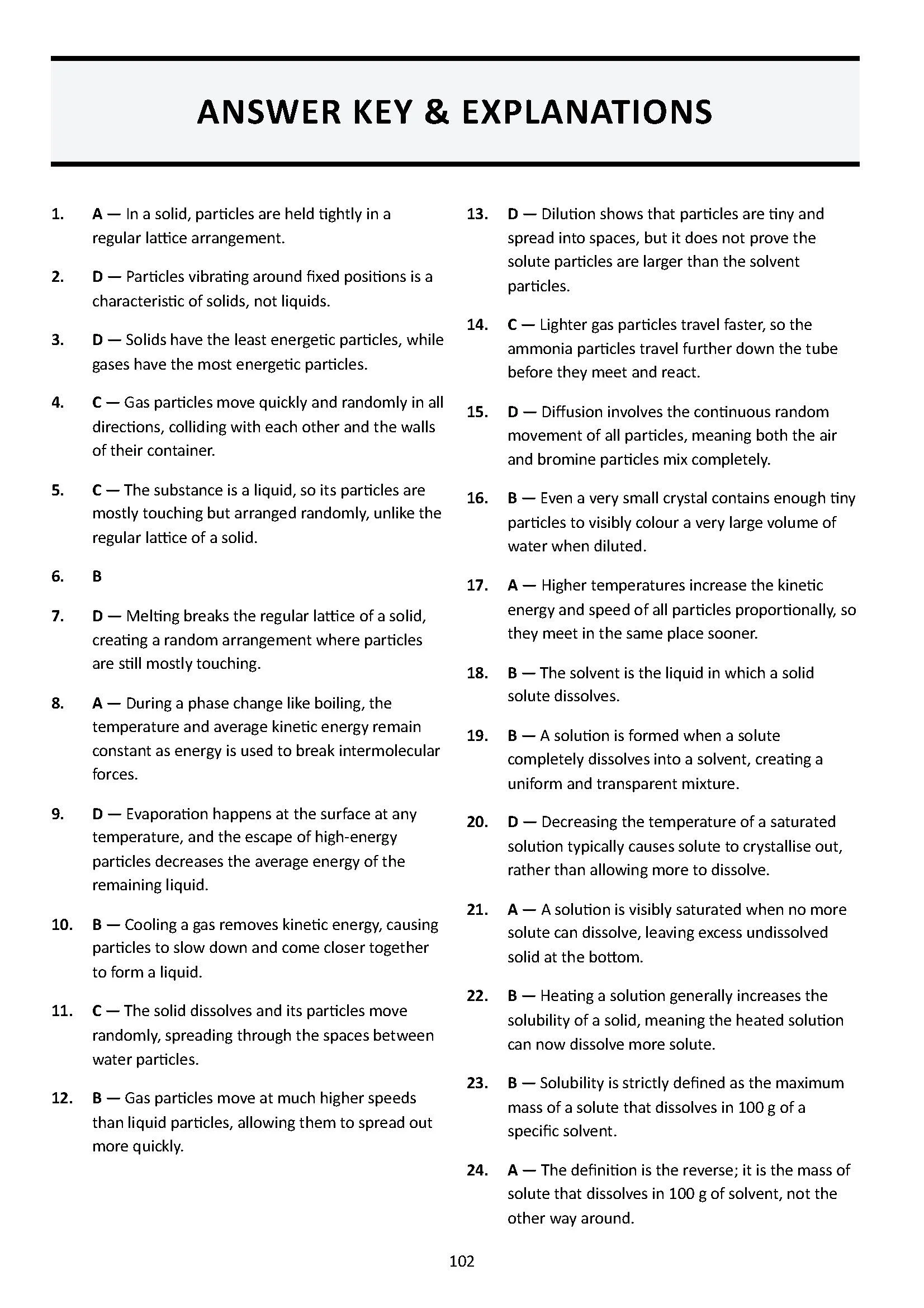 Answer key and explanations for a science quiz or textbook, listing numbered items with multiple-choice options and detailed scientific descriptions.