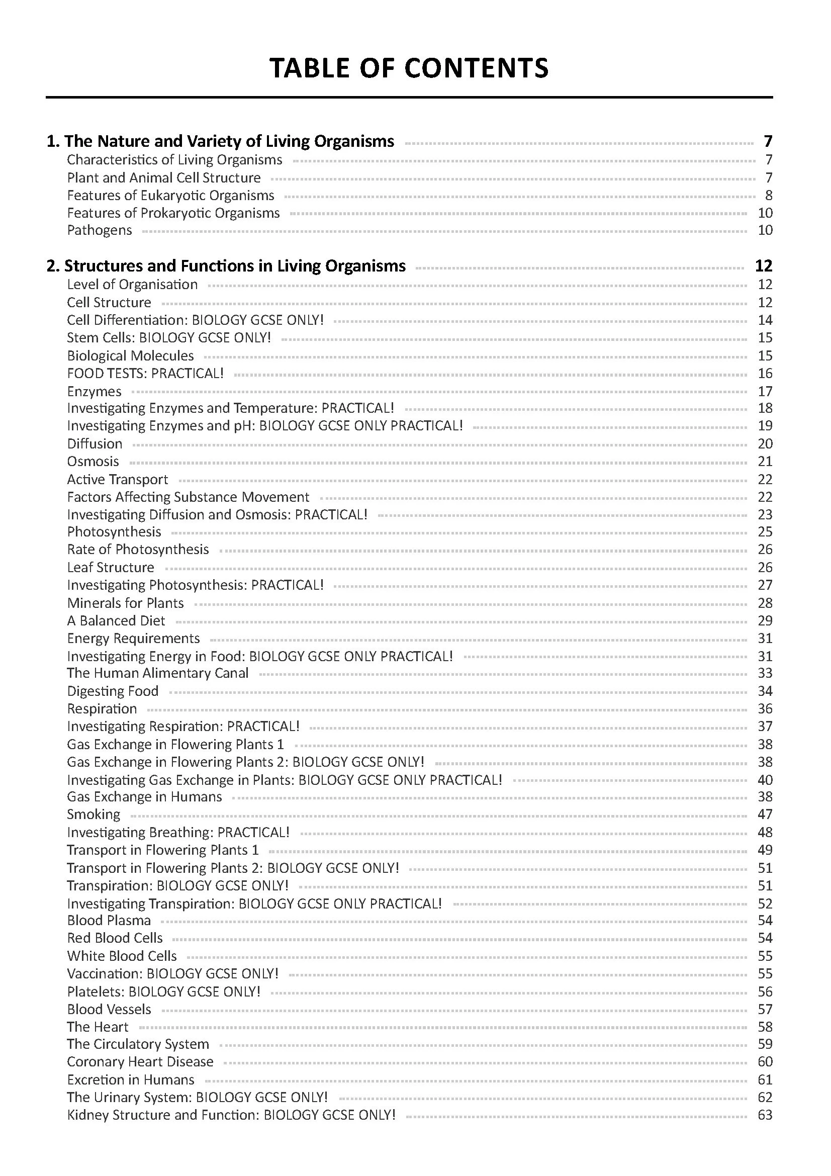 Table of contents for a biology book including sections on living organisms, cell structure, enzymes, photosynthesis, respiration, gas exchange, blood, and human systems.