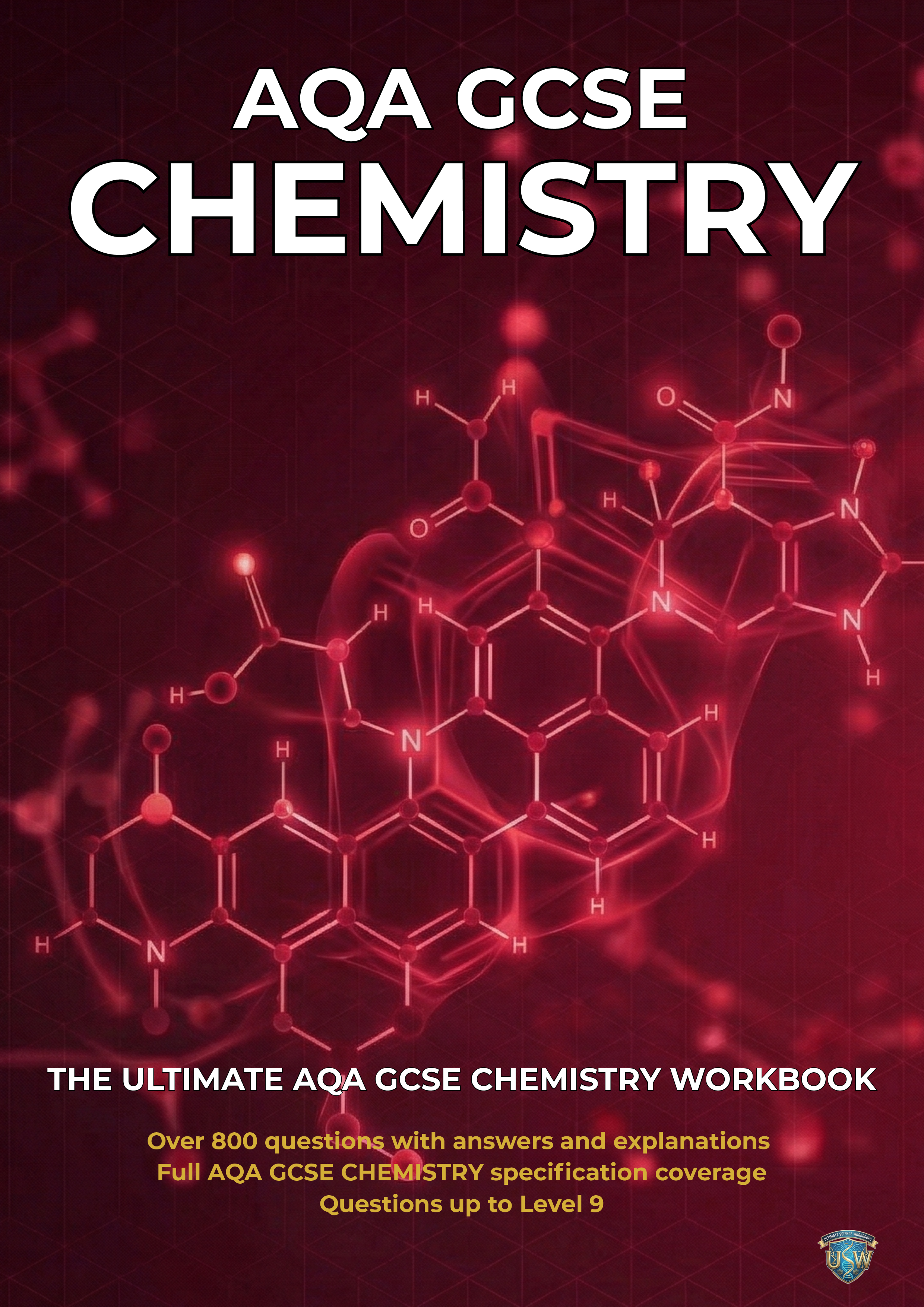 Cover of a book titled 'AQA GCSE Chemistry' with a background of a molecular structure diagram in red.