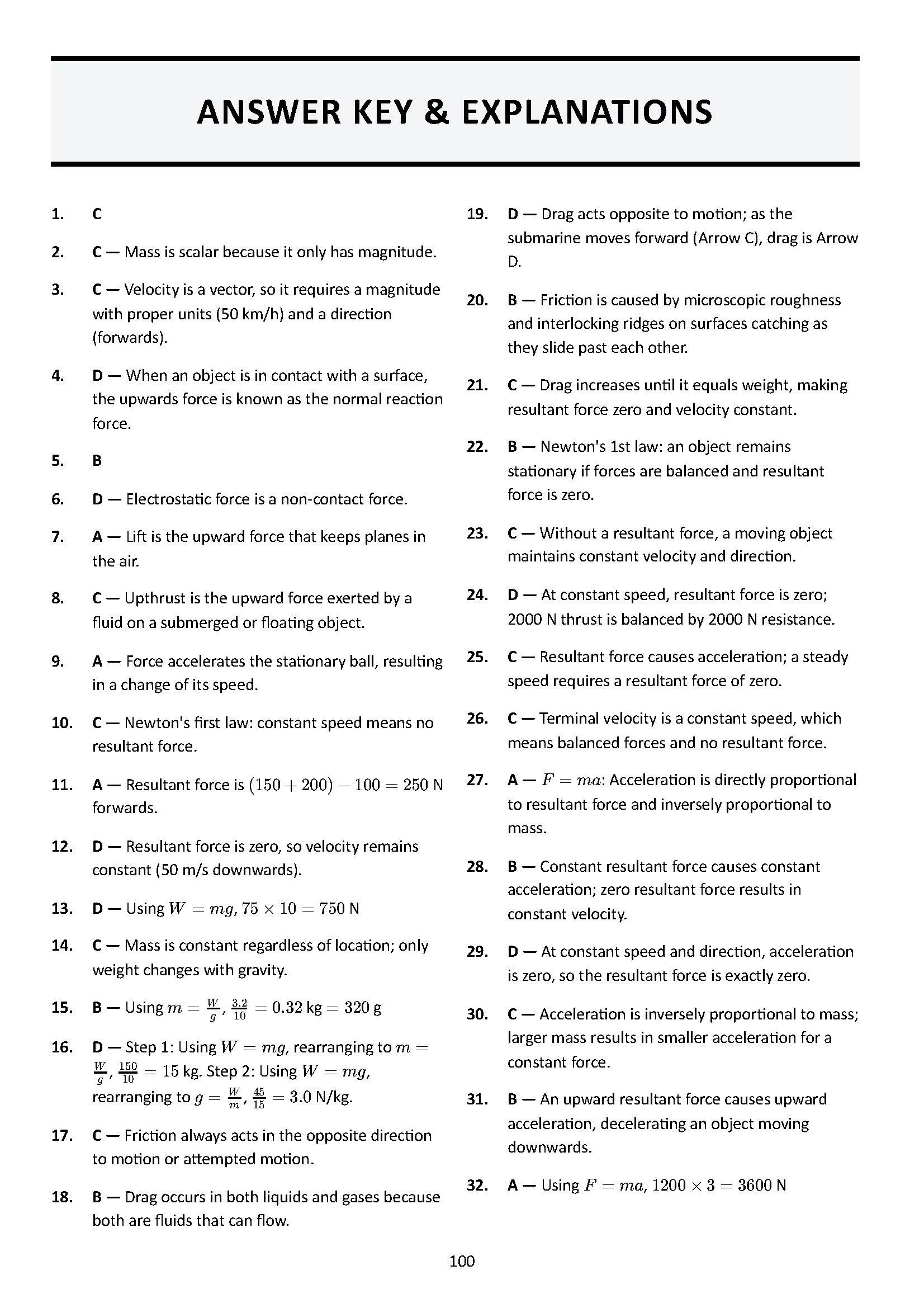 A page titled 'Answer Key & Explanations' containing numbered physics questions and their corresponding correct answers and explanations, formatted in two columns.