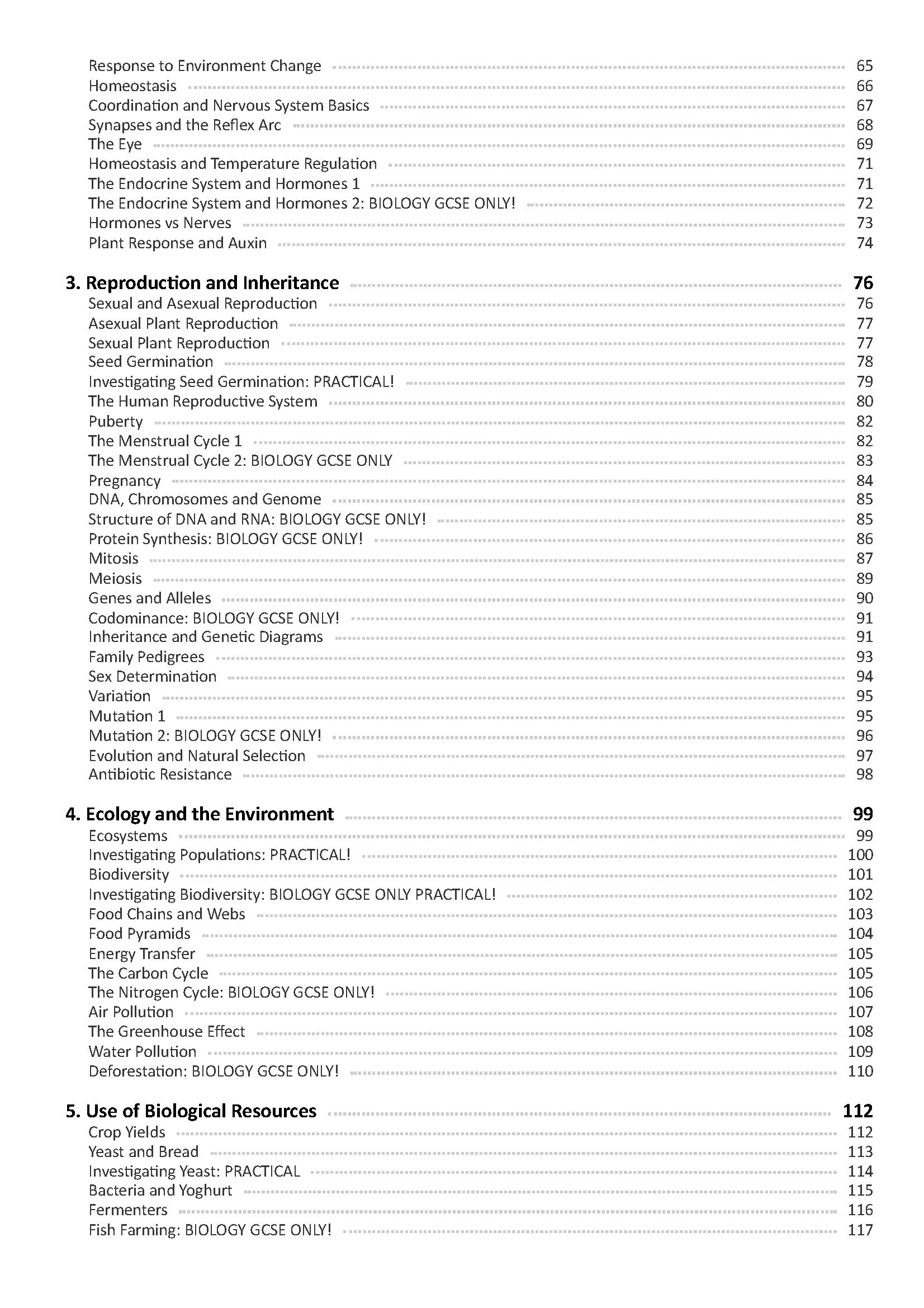 Table of contents from a biology textbook with sections on reproduction, ecology, and biological resources.