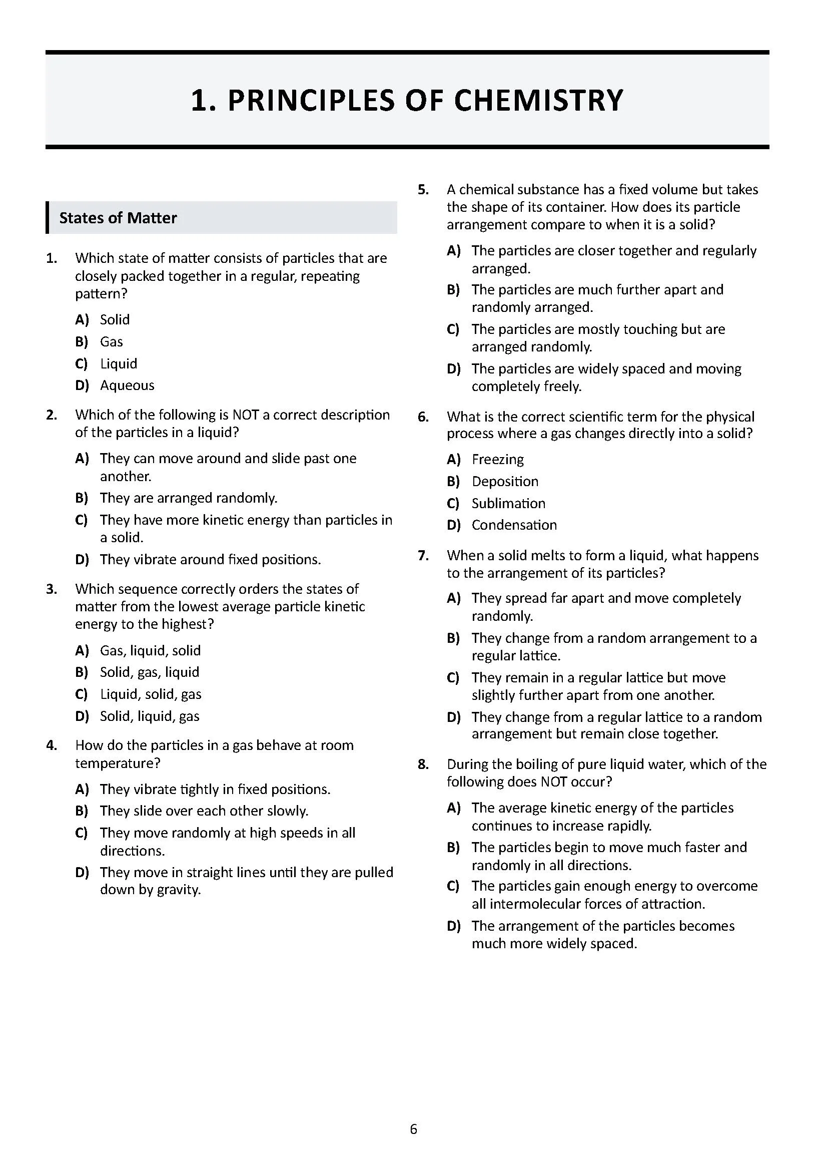 A science worksheet titled 'Principles of Chemistry' with multiple-choice questions related to states of matter, particle behavior, and phase changes.