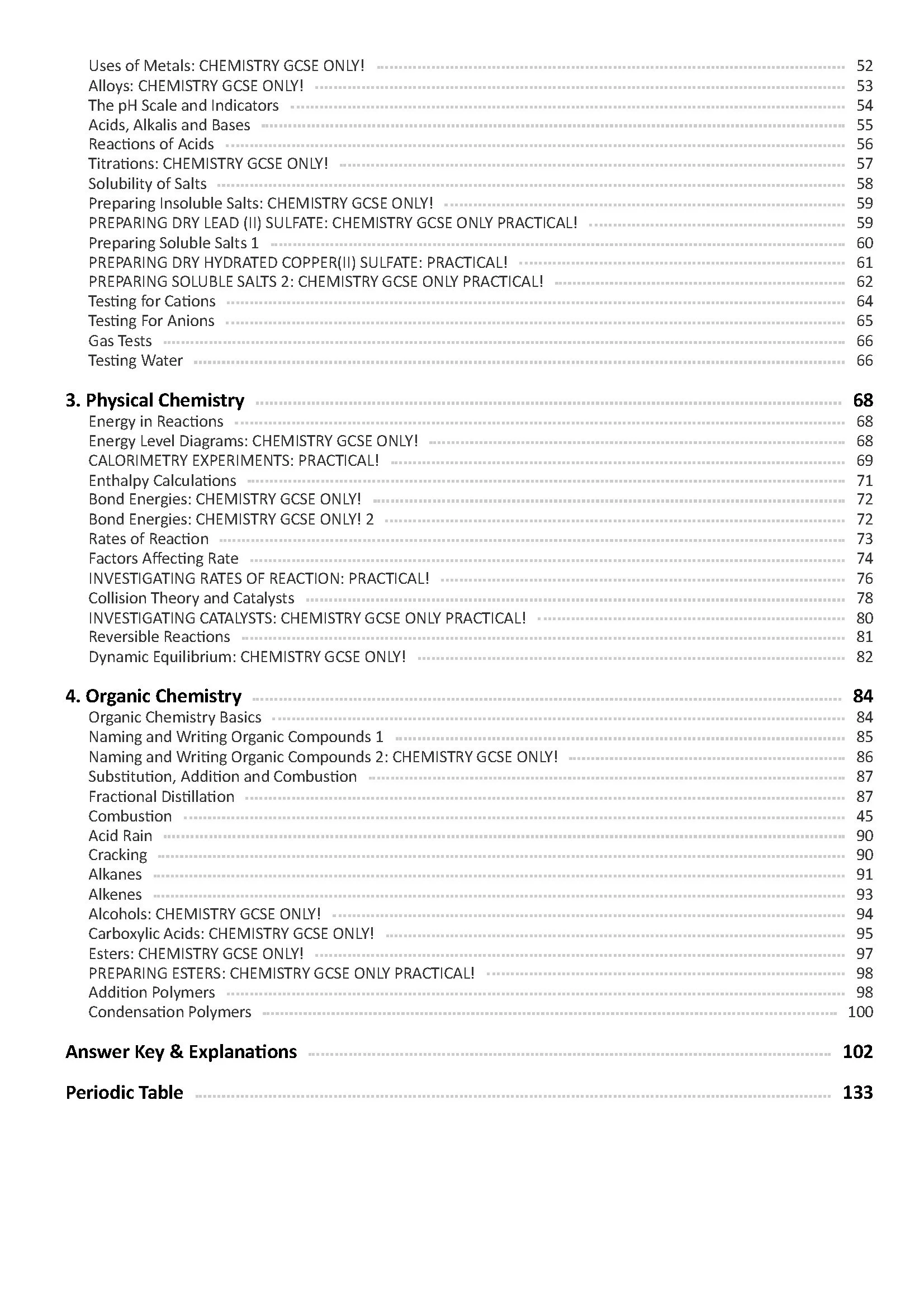 This is a table of contents page from a chemistry book or manual, listing topics and corresponding page numbers including topics on metals, salts, physical chemistry, organic chemistry, and an answer key and periodic table at the end.