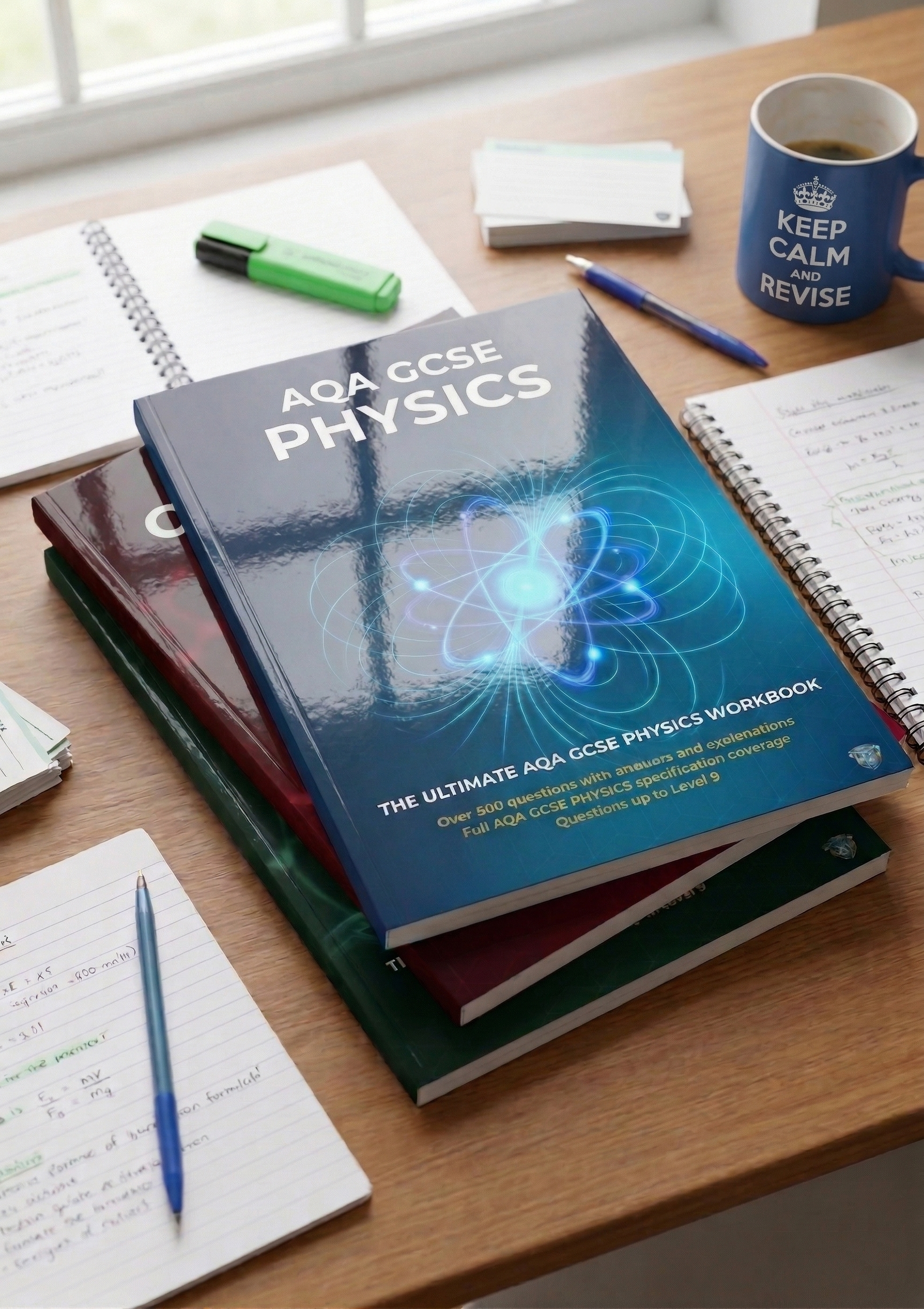 A stack of physics textbooks on a wooden desk with notebooks, pens, and a cup of coffee nearby.