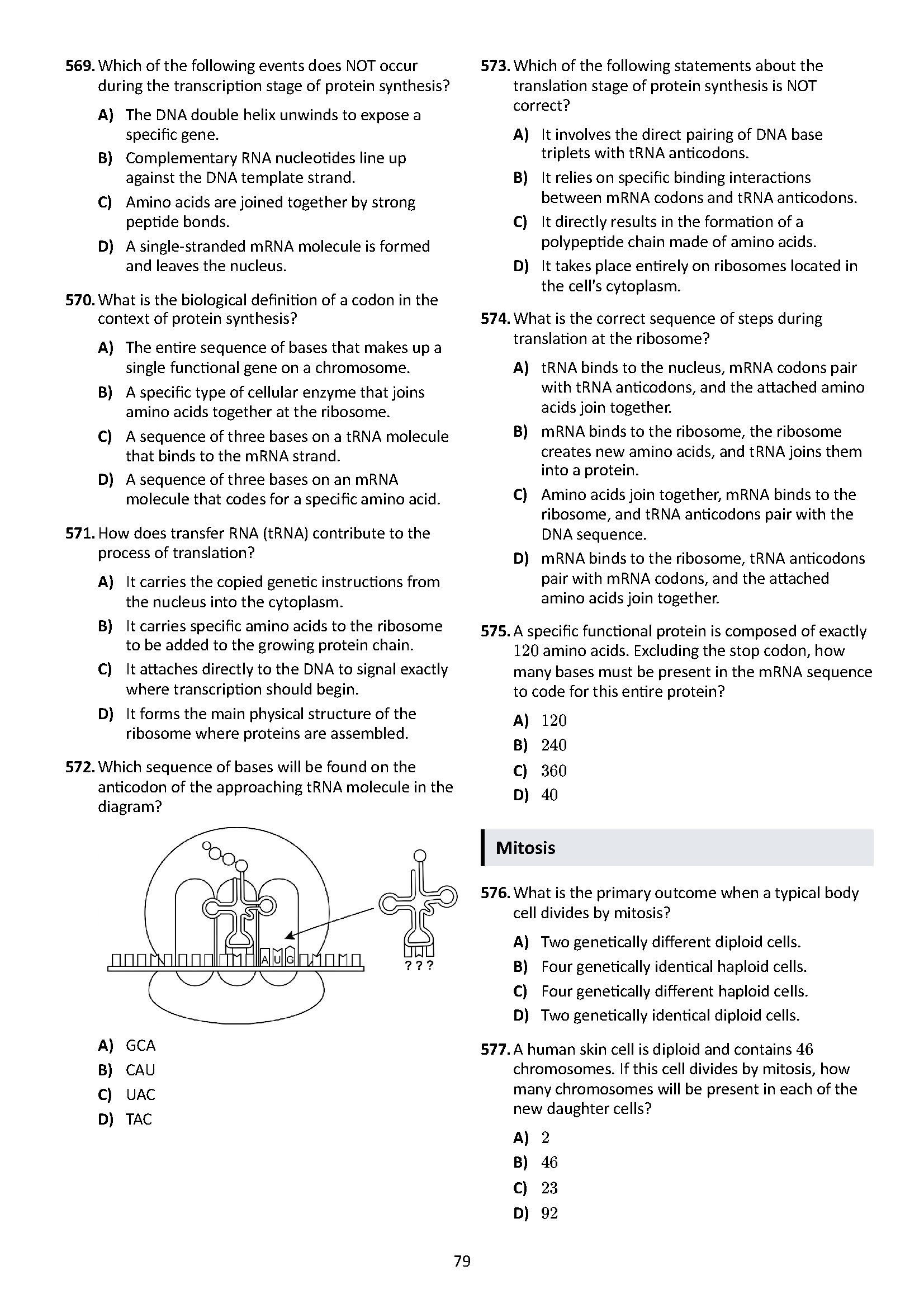 Multiple-choice biology exam questions about transcription, translation, protein synthesis, mitosis, and genetics, with a diagram illustrating a tRNA molecule and codon sequences.