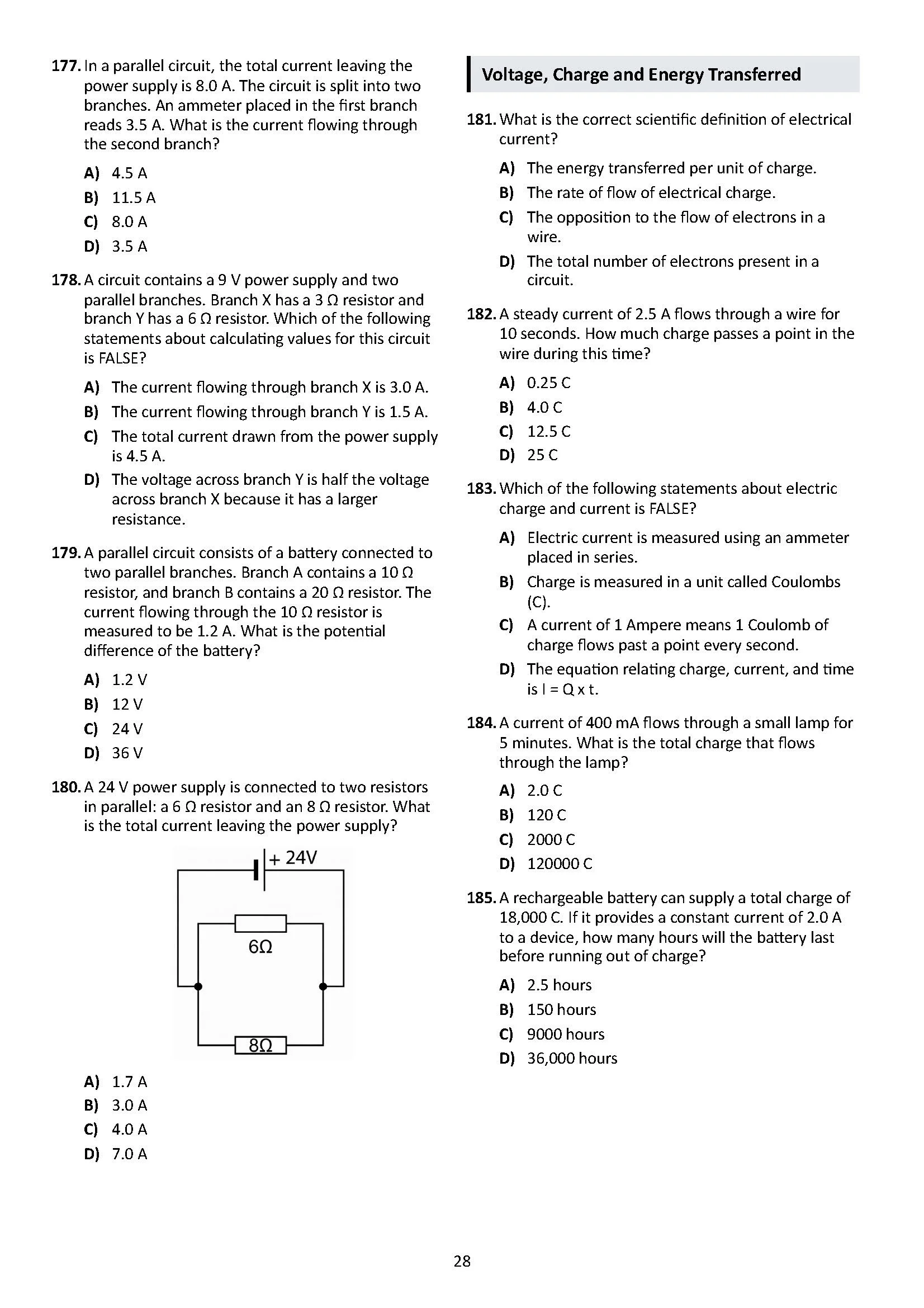 Page of an electrical engineering multiple-choice questions and answers, covering topics such as voltage, current, resistance, energy transfer, and circuits.