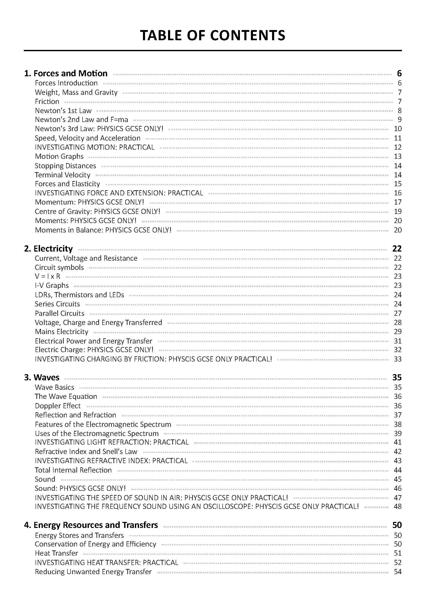 Table of contents from a physics textbook, listing chapters on forces, electricity, waves, and energy transfers with page numbers.