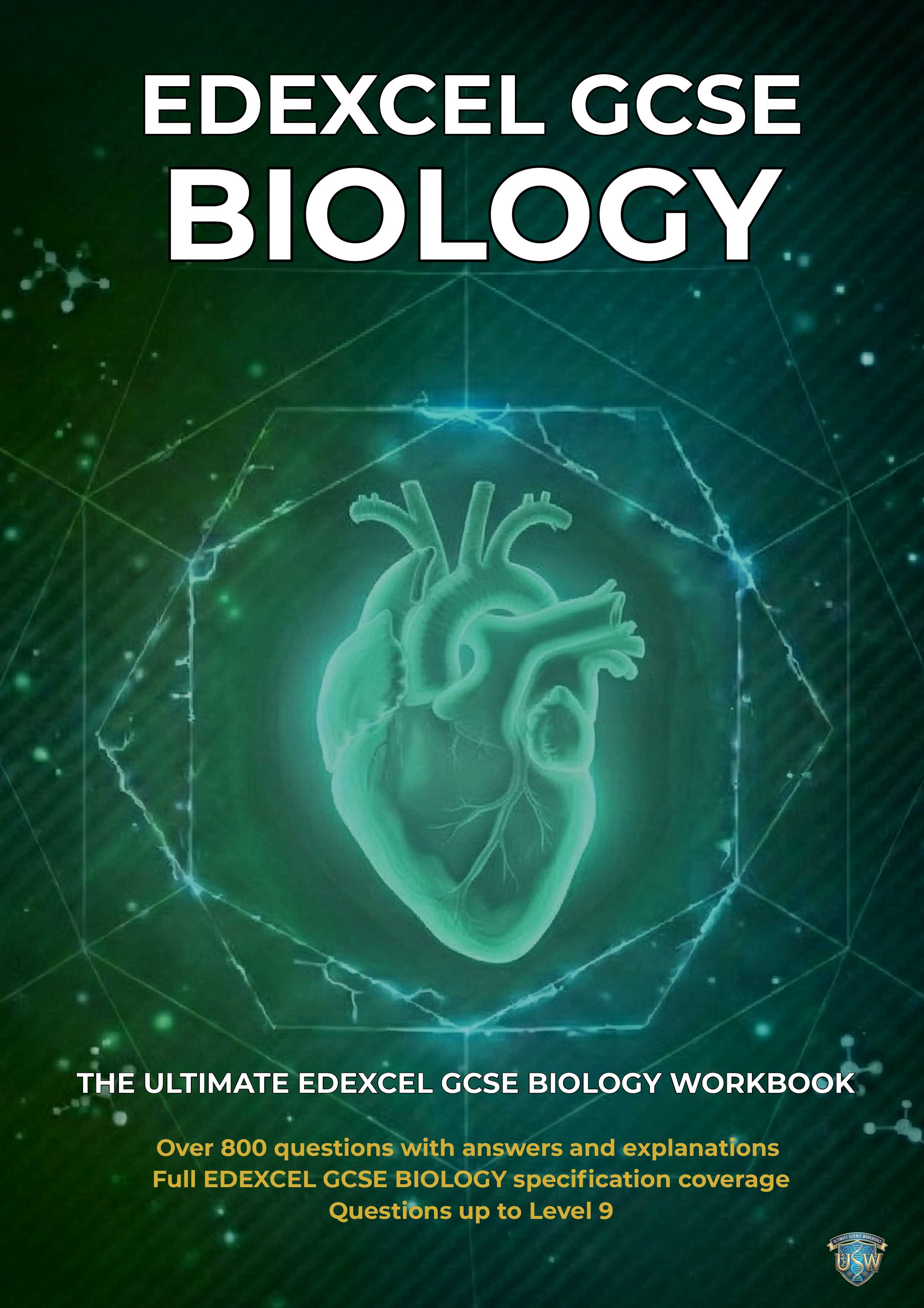 Cover of a biology workbook featuring a glowing, digital heart illustration, with the title 'EDEXCEL GCSE BIOLOGY' at the top and additional text highlighting the workbook's features at the bottom.