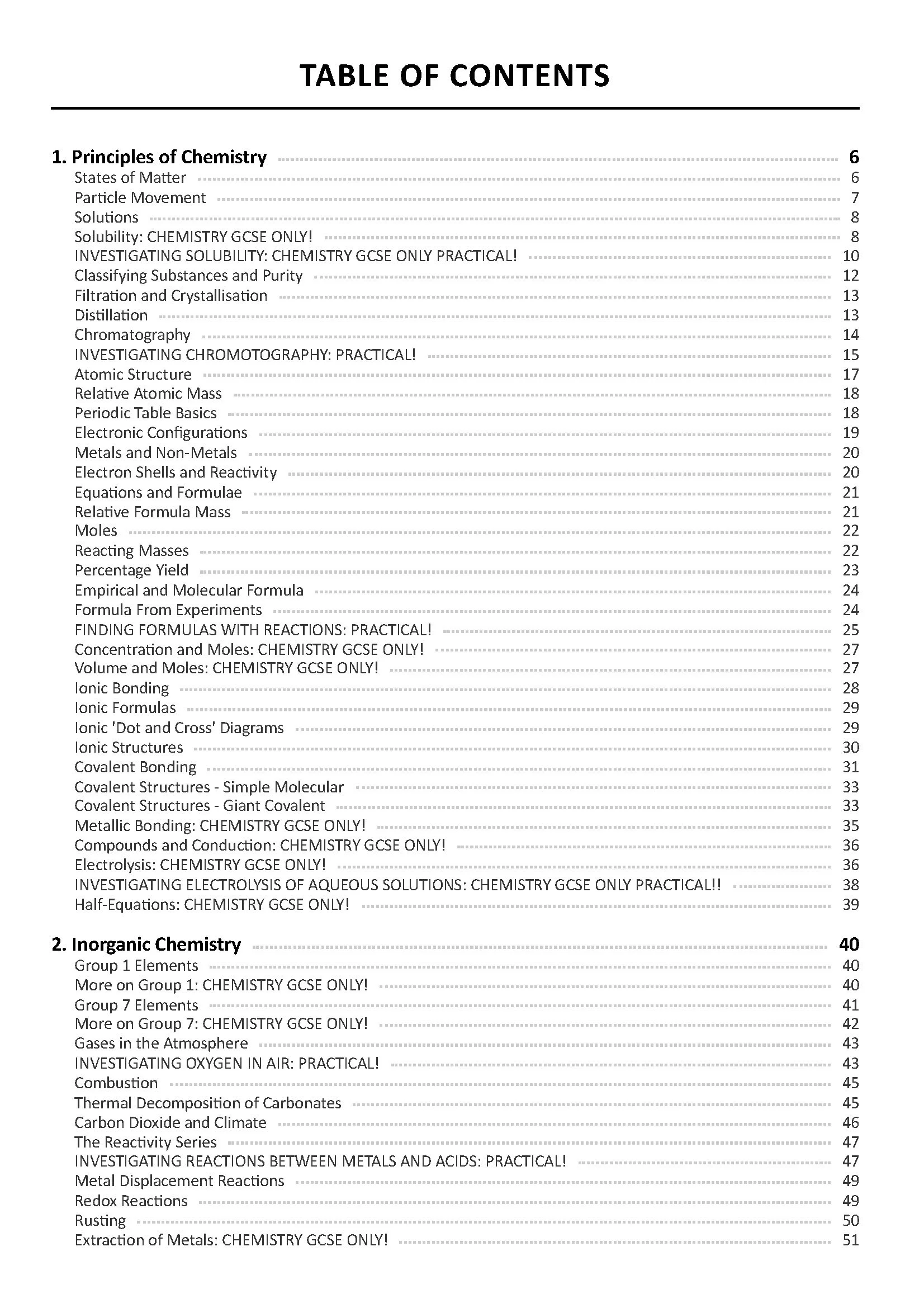 A page showing the table of contents from a chemistry textbook, listing chapters and sections related to principles of chemistry and inorganic chemistry.