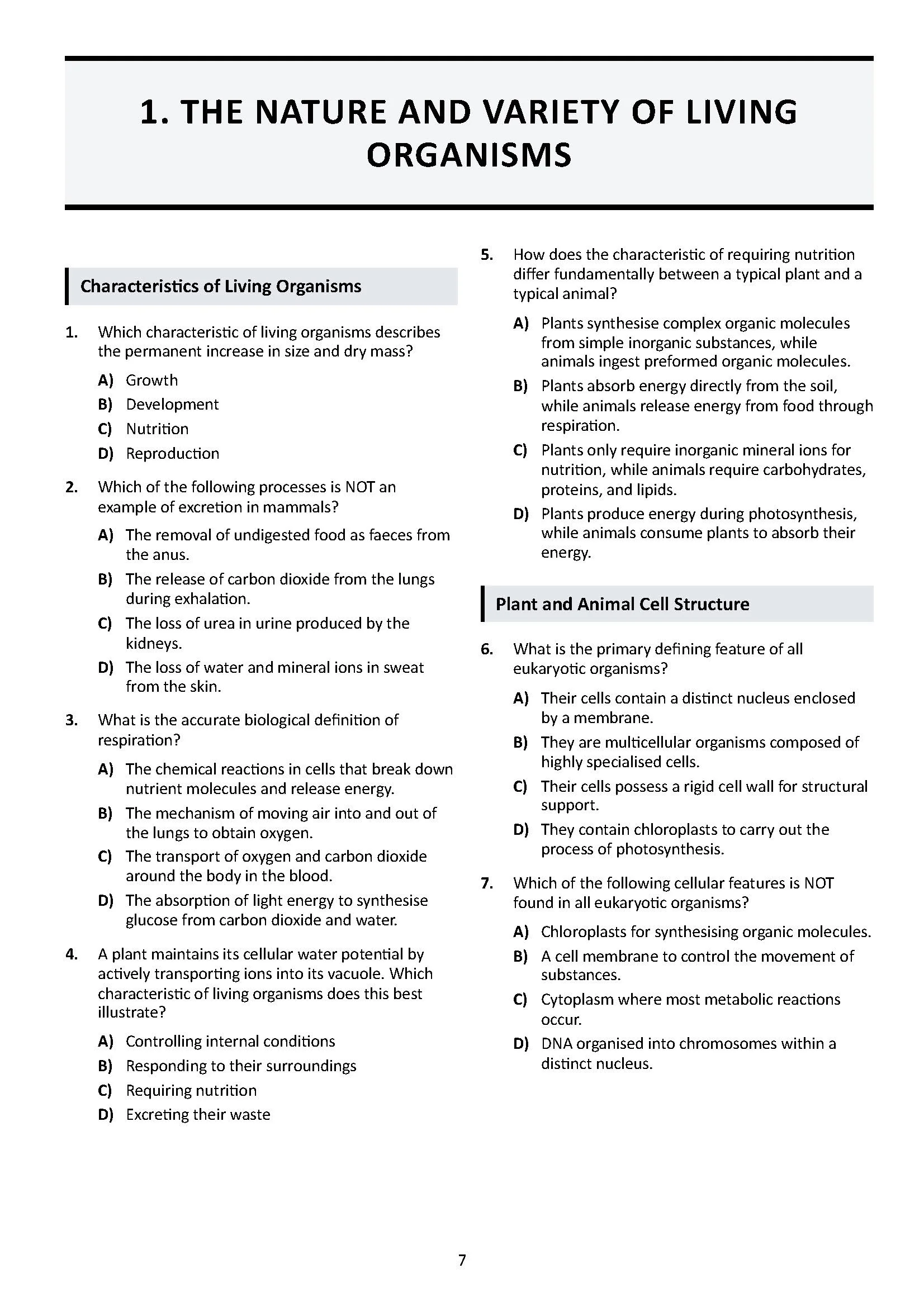 Page from a biology textbook discussing the nature of living organisms, plant and animal cell structure, and cellular features.