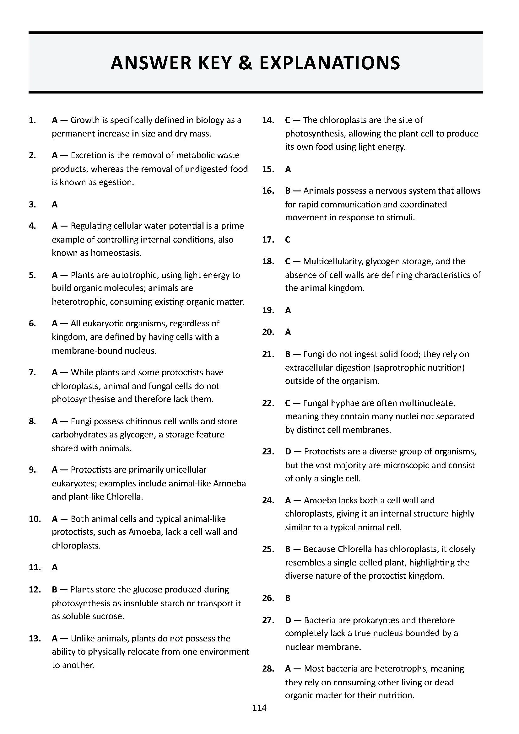 Answer key and explanations for a biology test, numbered 1 to 28, with answers and brief explanations provided for each question.