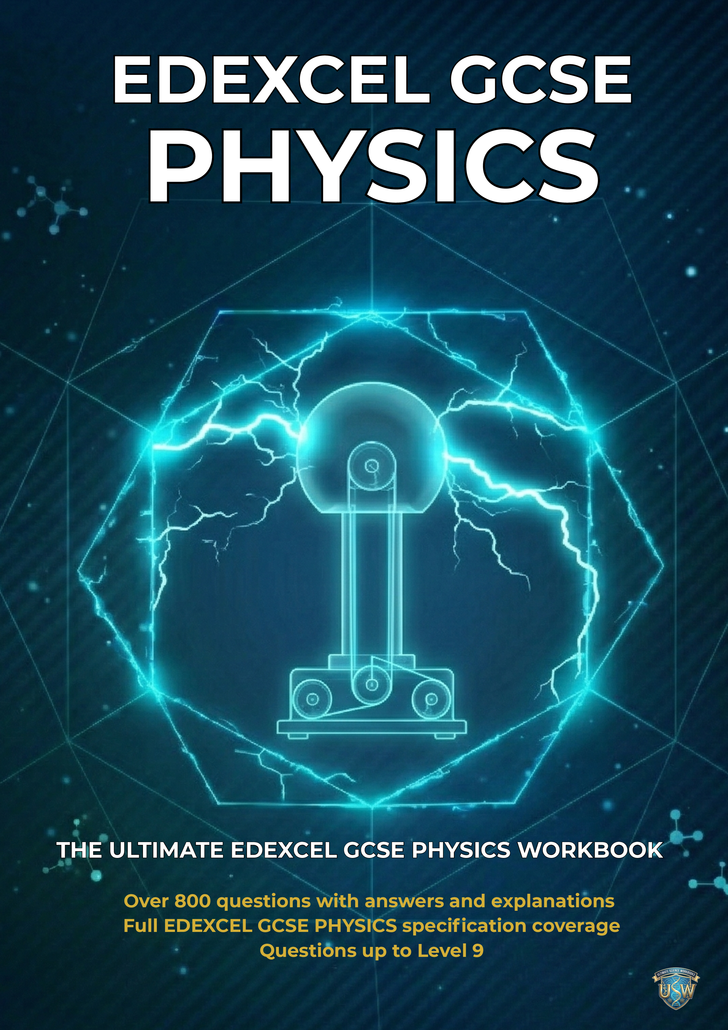 Cover of a physics workbook titled 'EDEXCEL GCSE PHYSICS' with a digital illustration of a lightning bolt surrounding a wire apparatus.