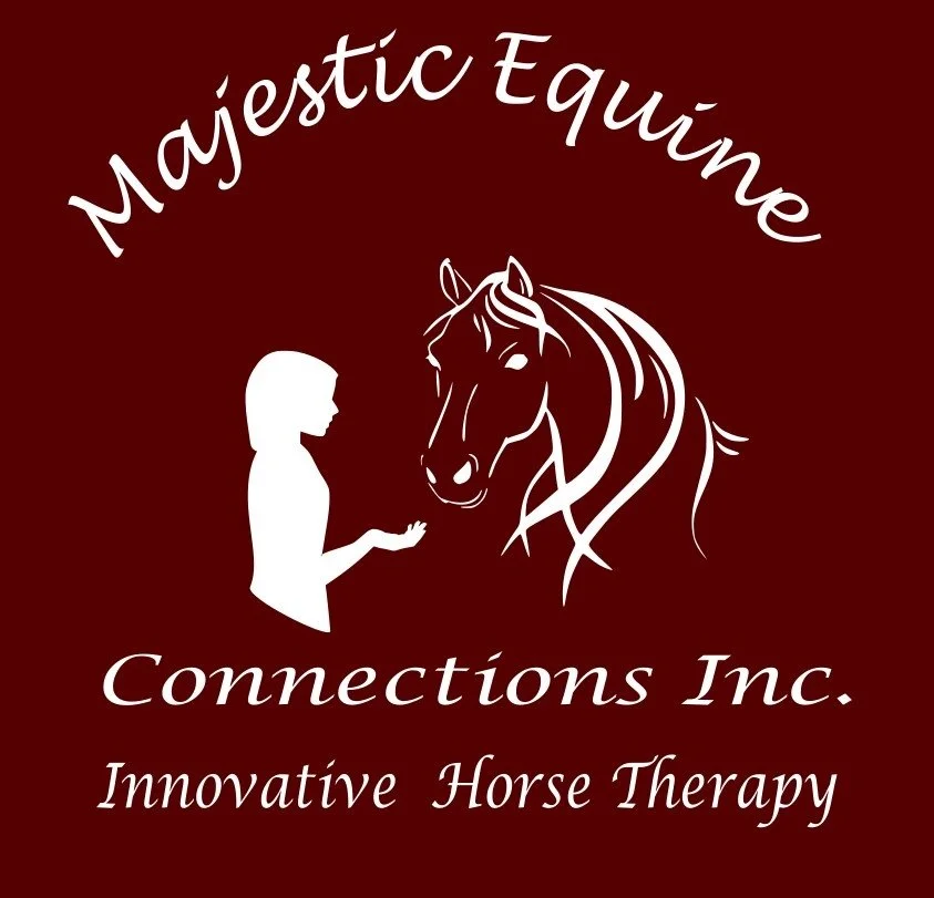 A logo for Majestic Equine Connections Inc. featuring a silhouette of a girl and a horse with flowing mane, on a dark red background, with text indicating it's related to innovative horse therapy.