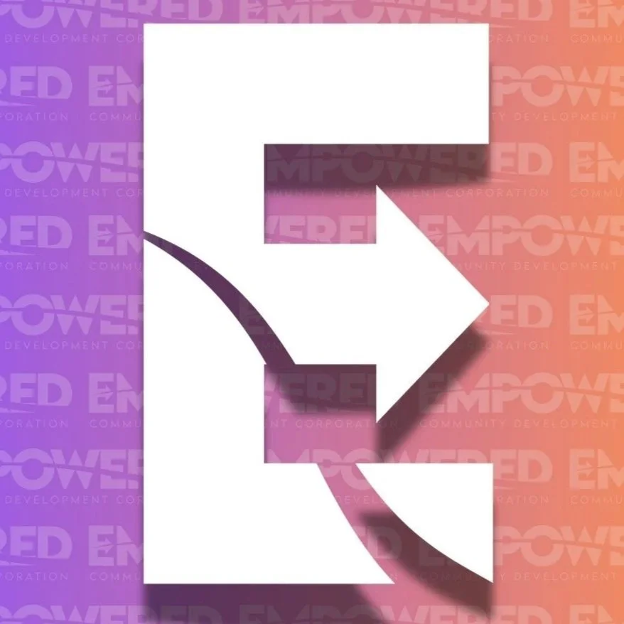 A white double arrow pointing left and right on a background that transitions from purple to orange, with a repeating pattern of the word "EMPOWER".