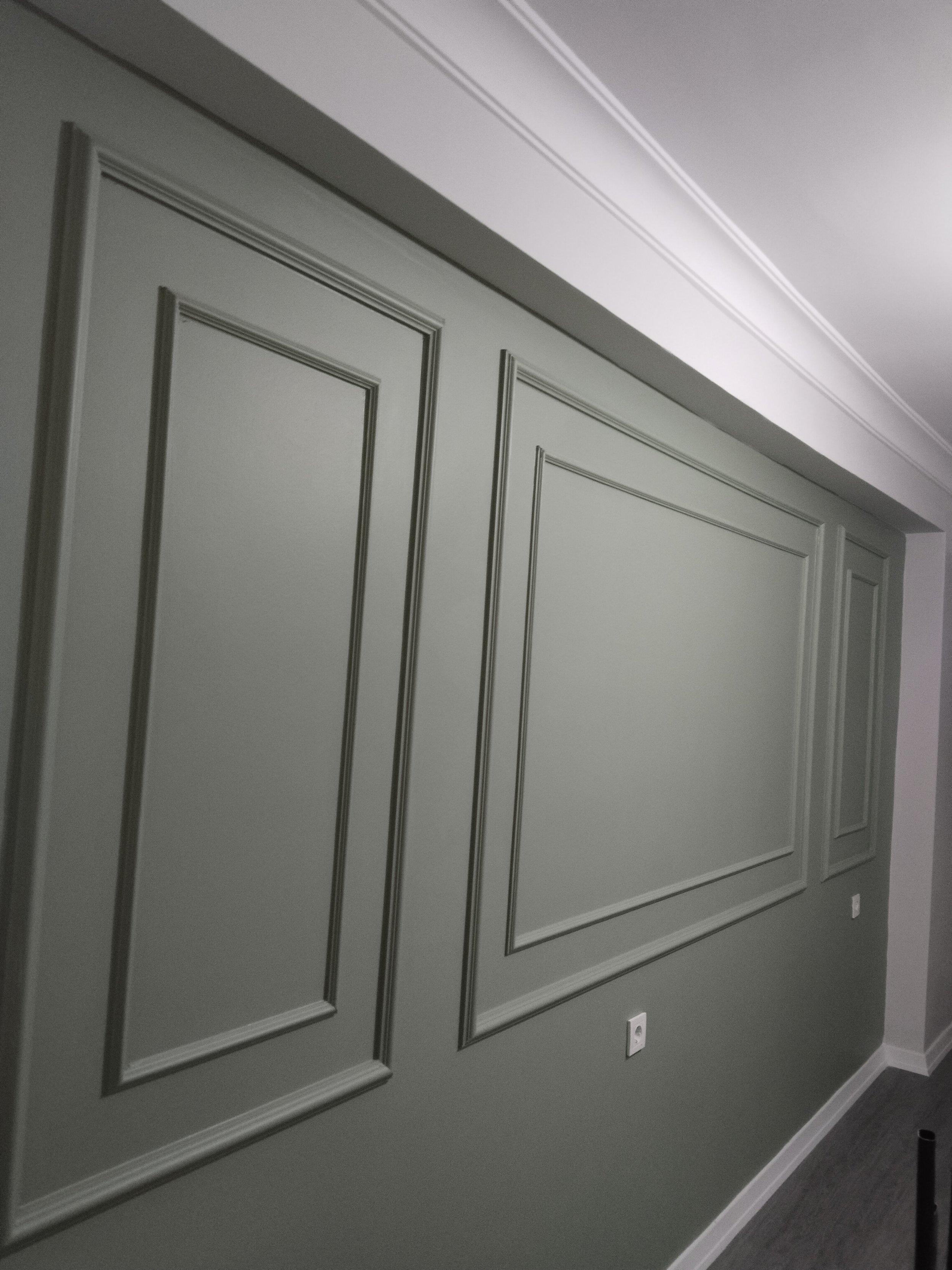 Interior wall with decorative molding panels, painted in gray, with a white electrical outlet, and a curved baseboard at the bottom.