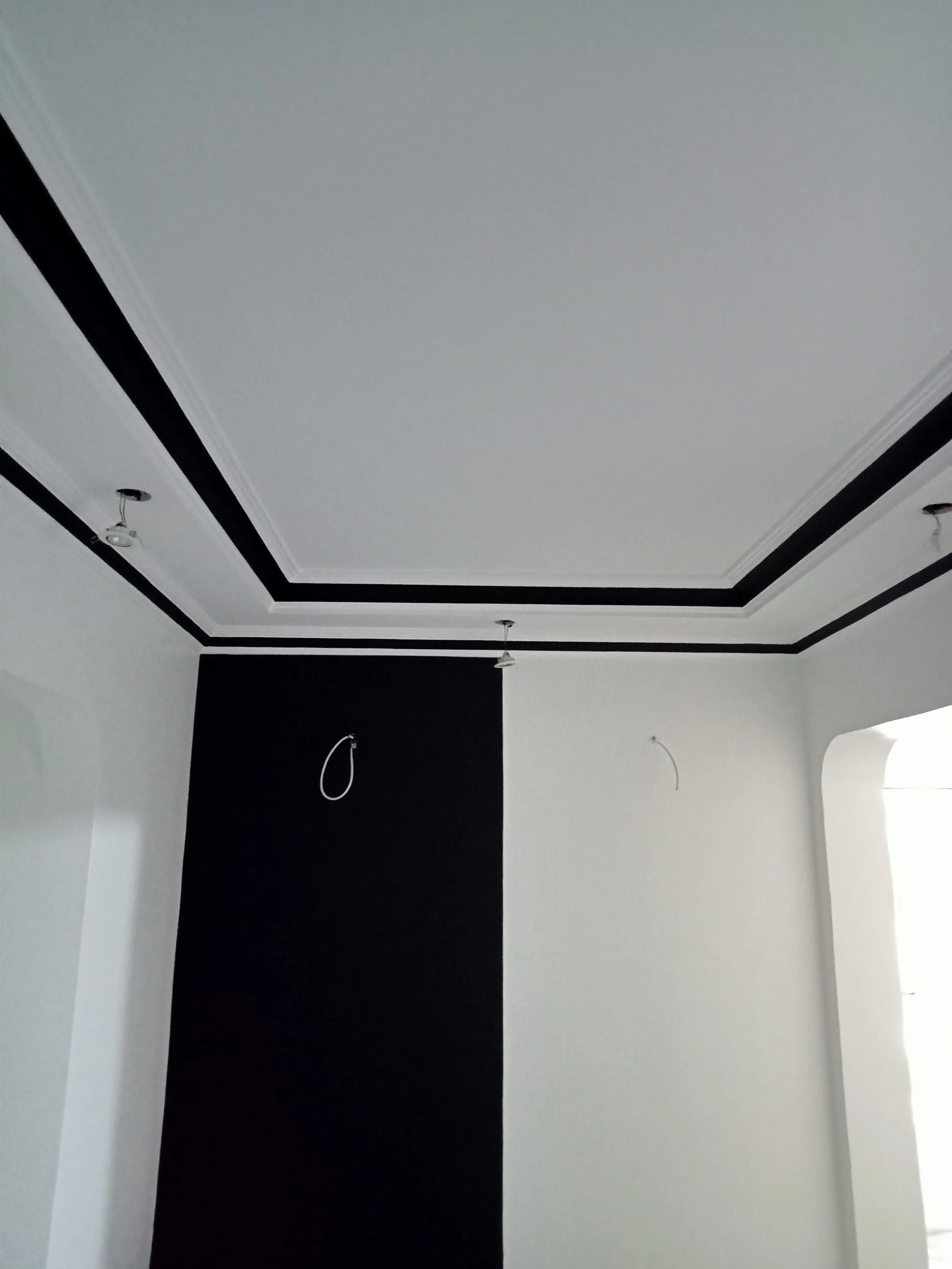 Interior room with a white ceiling with black trim, two wires hanging from the ceiling, and a black accent wall.