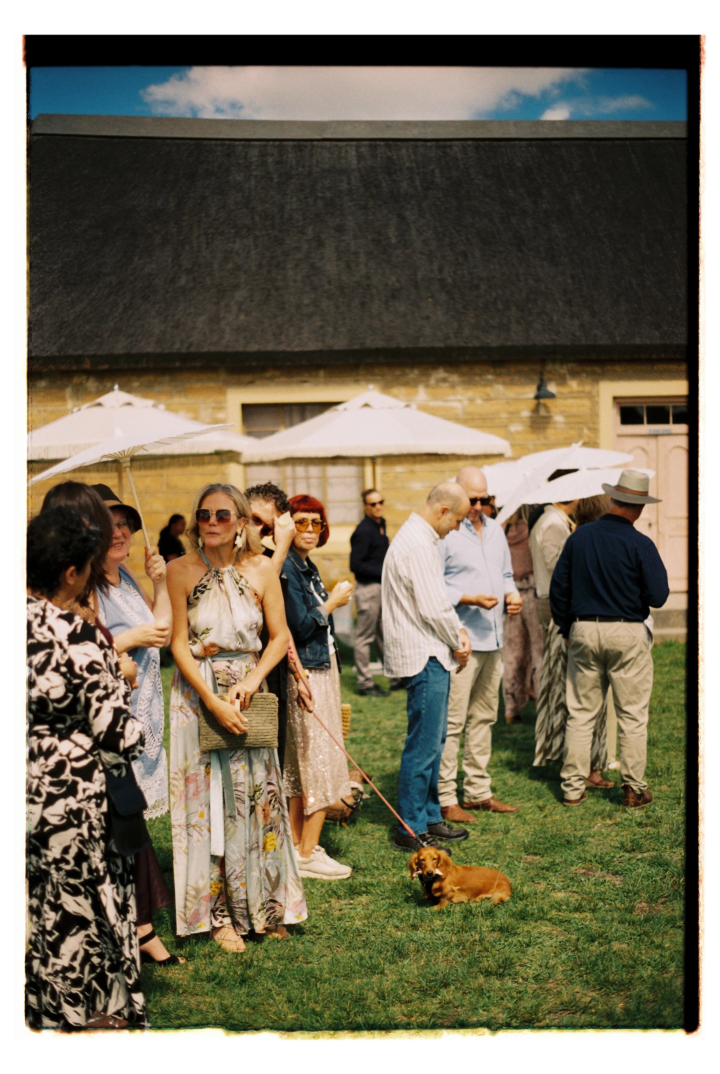 A group of people standing outdoors on a grassy area, with some holding umbrellas to shield from the sun. There is a brown dog lying on the grass, and a historic stone building with umbrellas and a wooden door in the background.