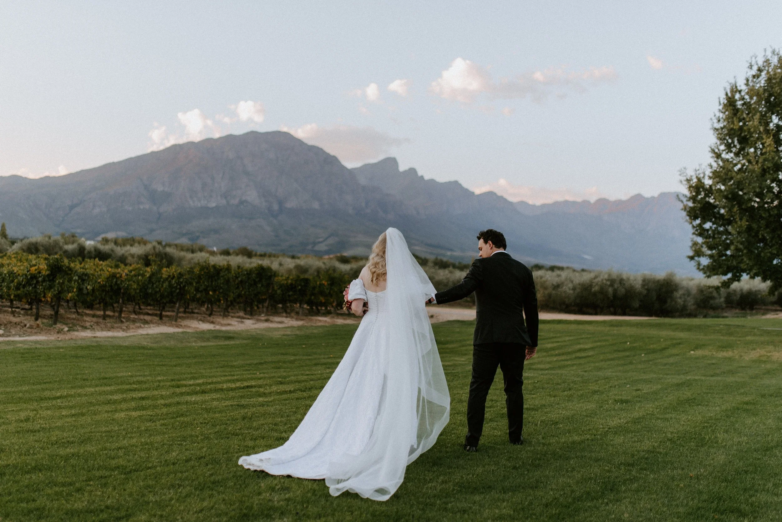 Bride and groom walking together across the lawns at Saronsberg Wine Estate in Tulbagh with mountains in the background.